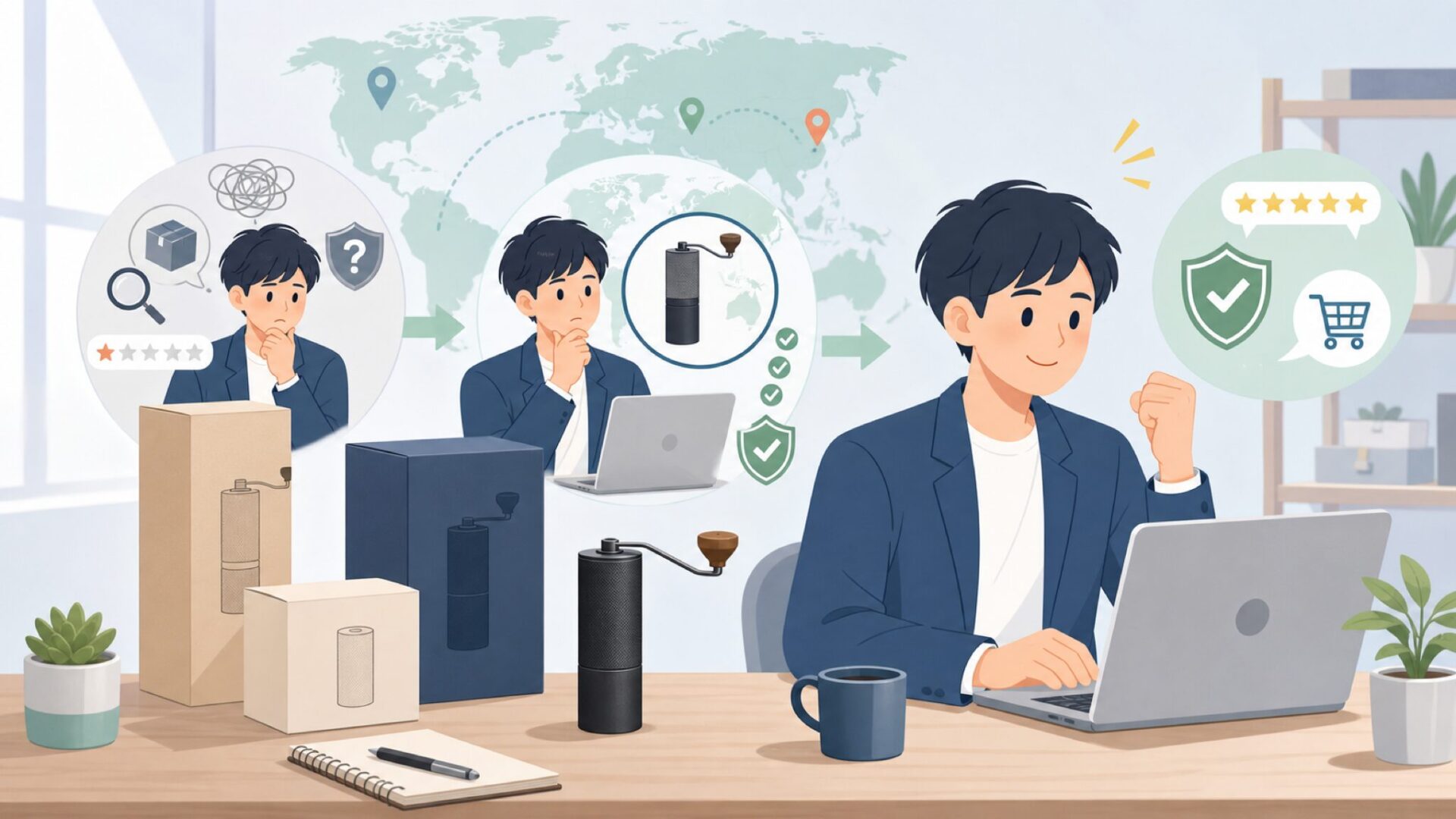 TIMEMOREコーヒーミルはどこの国のブランド？品質と選び方の要点を表すイラスト