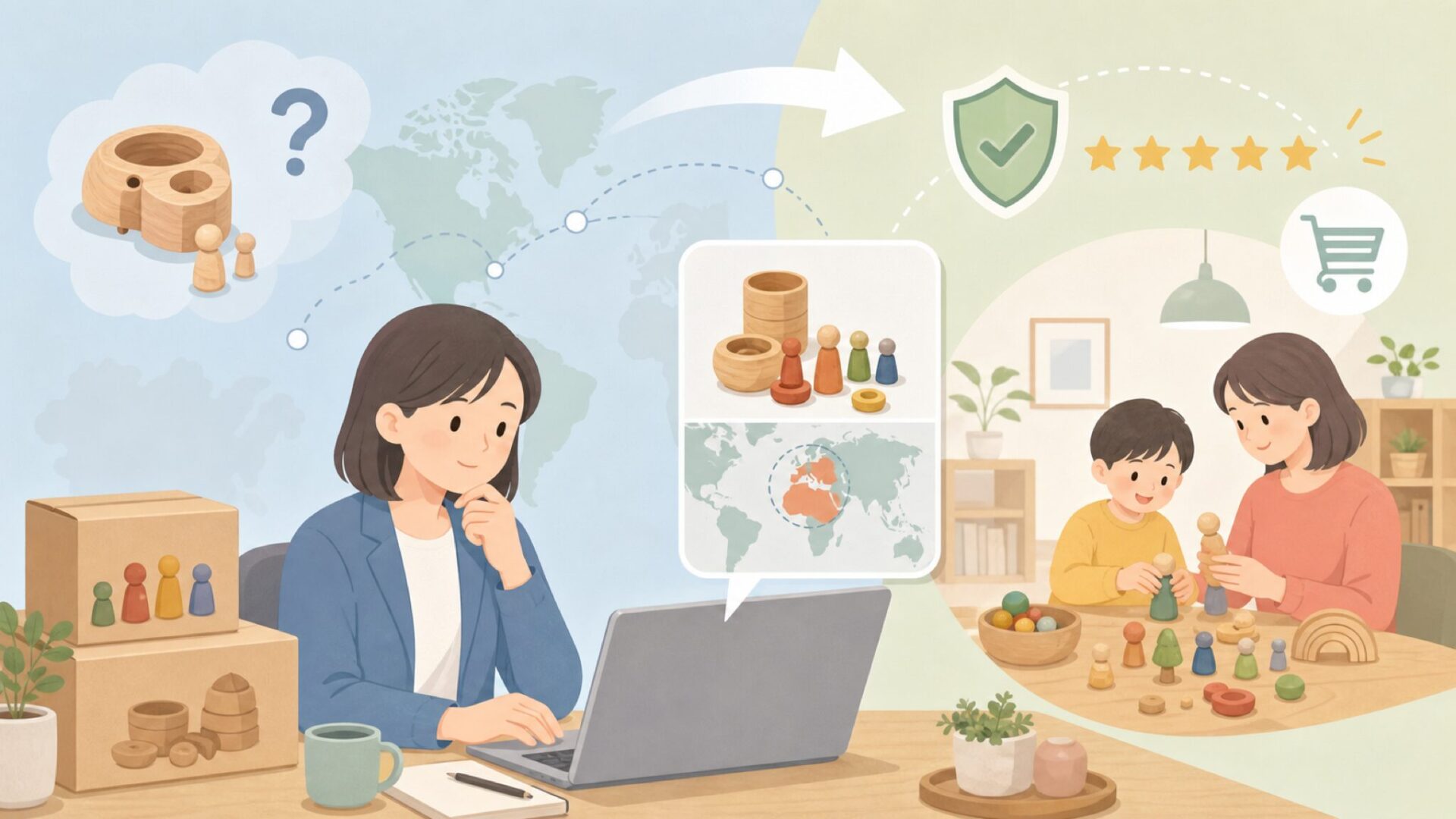 Grapatはどこの国？スペイン生まれの木のおもちゃ安心購入ガイドの要点を表すイラスト