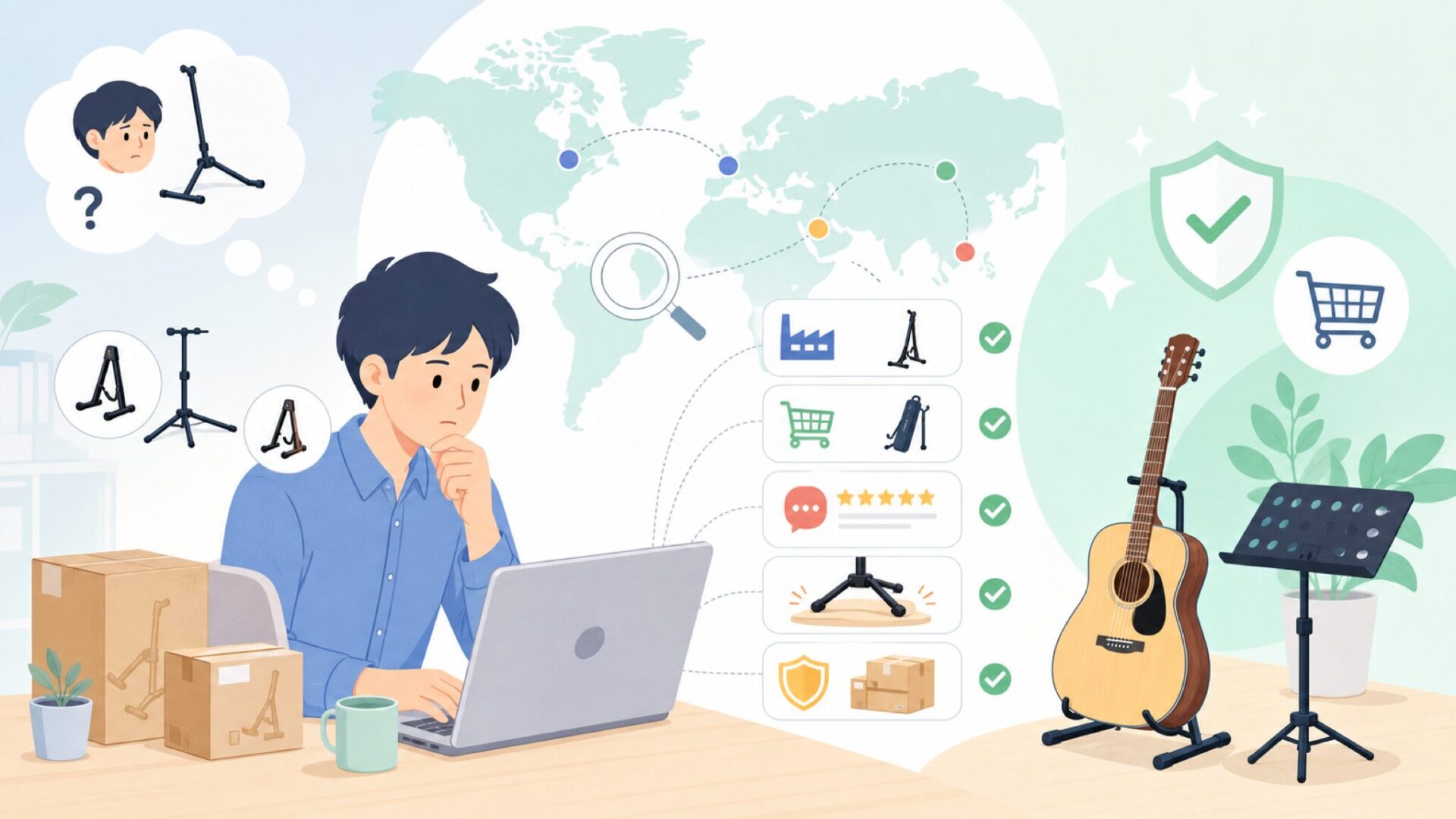On-Stage楽器スタンドはどこの国?信頼性と失敗しない選び方の要点を表すイラスト