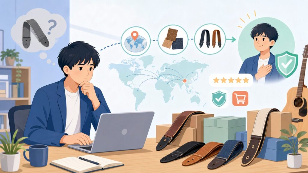 Levy'sギターストラップはどこの国のブランド？特徴と選び方の要点を表すイラスト
