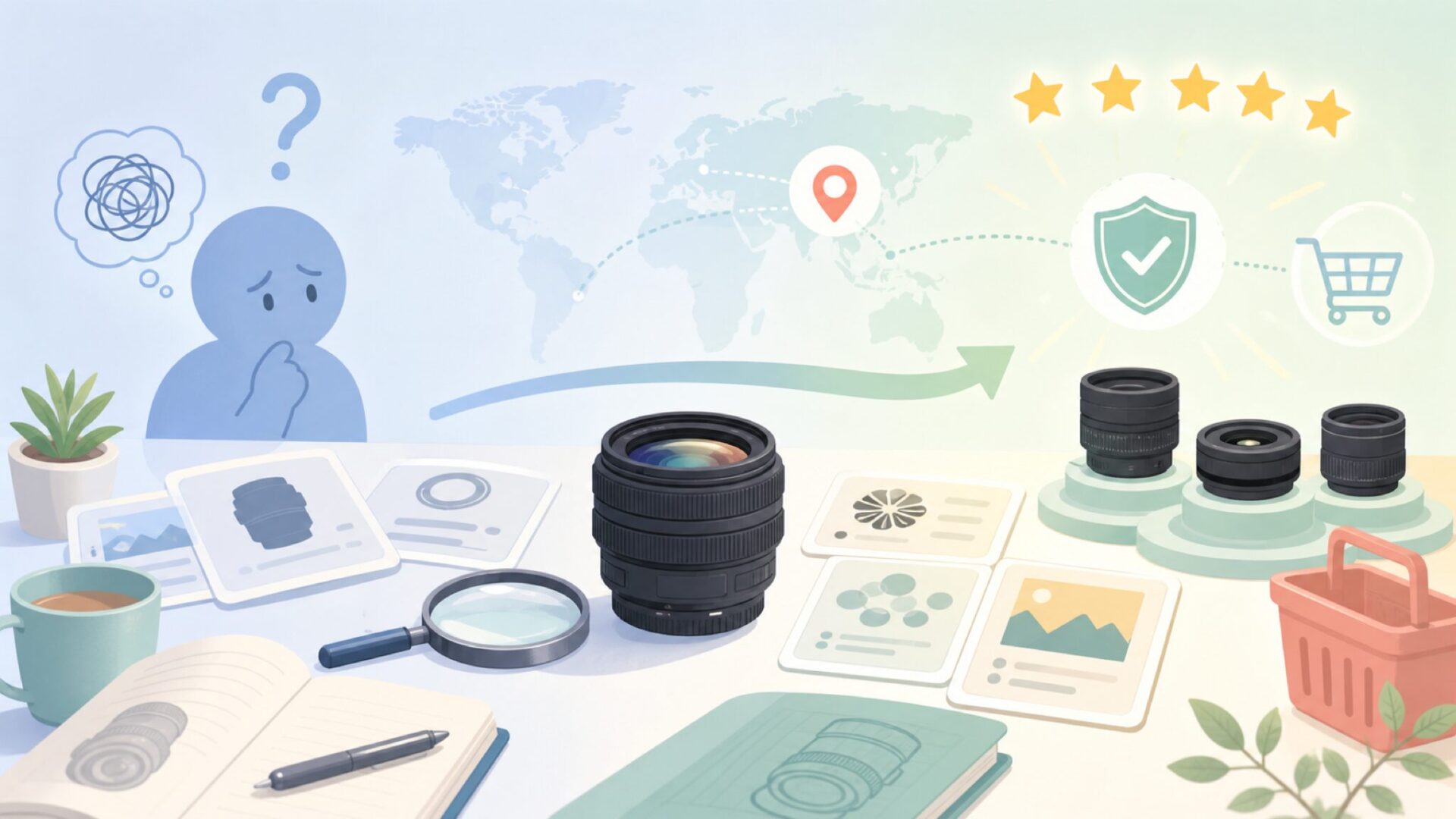 Lensbaby(レンズベビー)はどこの国のレンズ?特徴と選び方の要点を表すイラスト