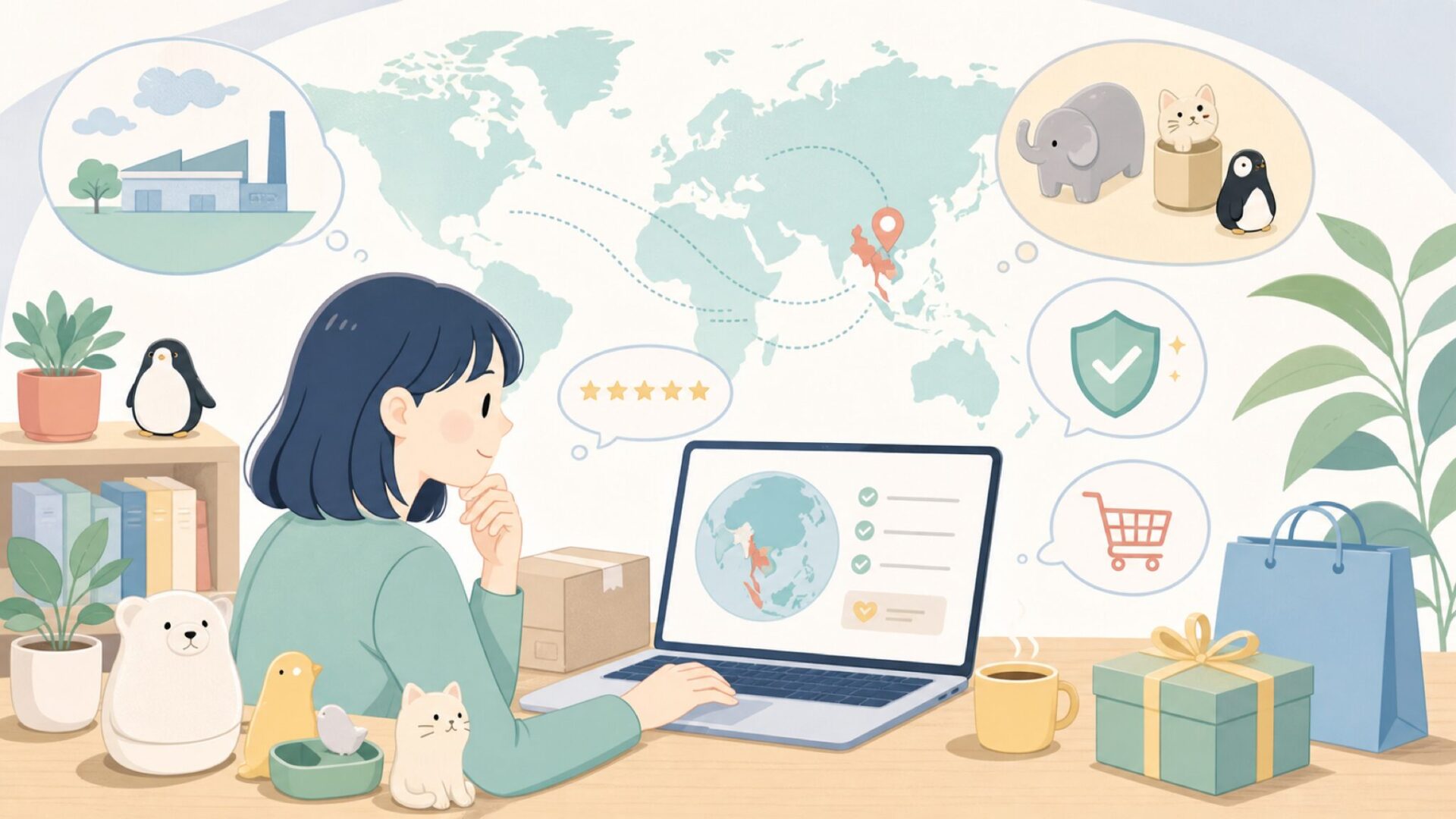 QUALYはどこの国のブランド？タイ生まれの動物雑貨の魅力と日本での買い方の要点を表すイラスト