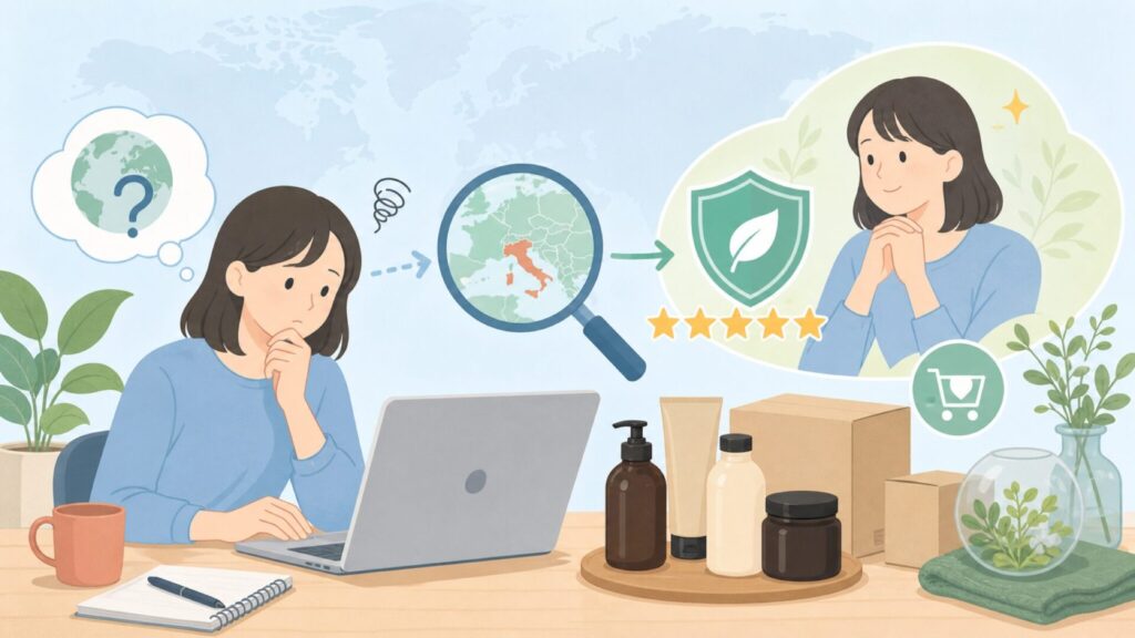 Davinesヘアケアはどこの国？イタリア発の理念と人気商品の要点を表すイラスト