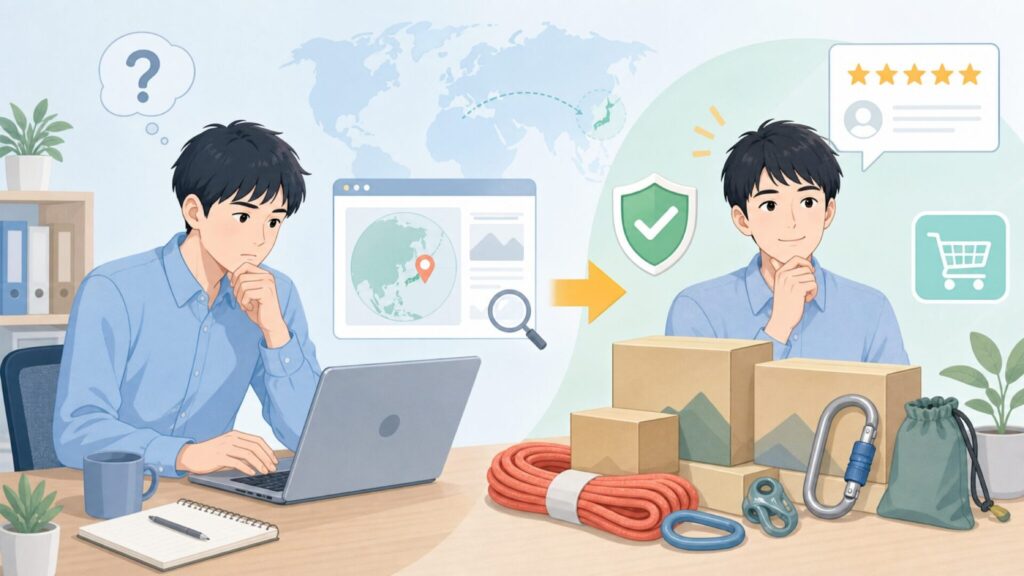 DMMクライミング用品はどこの国?ブランド背景と安全性を解説の要点を表すイラスト