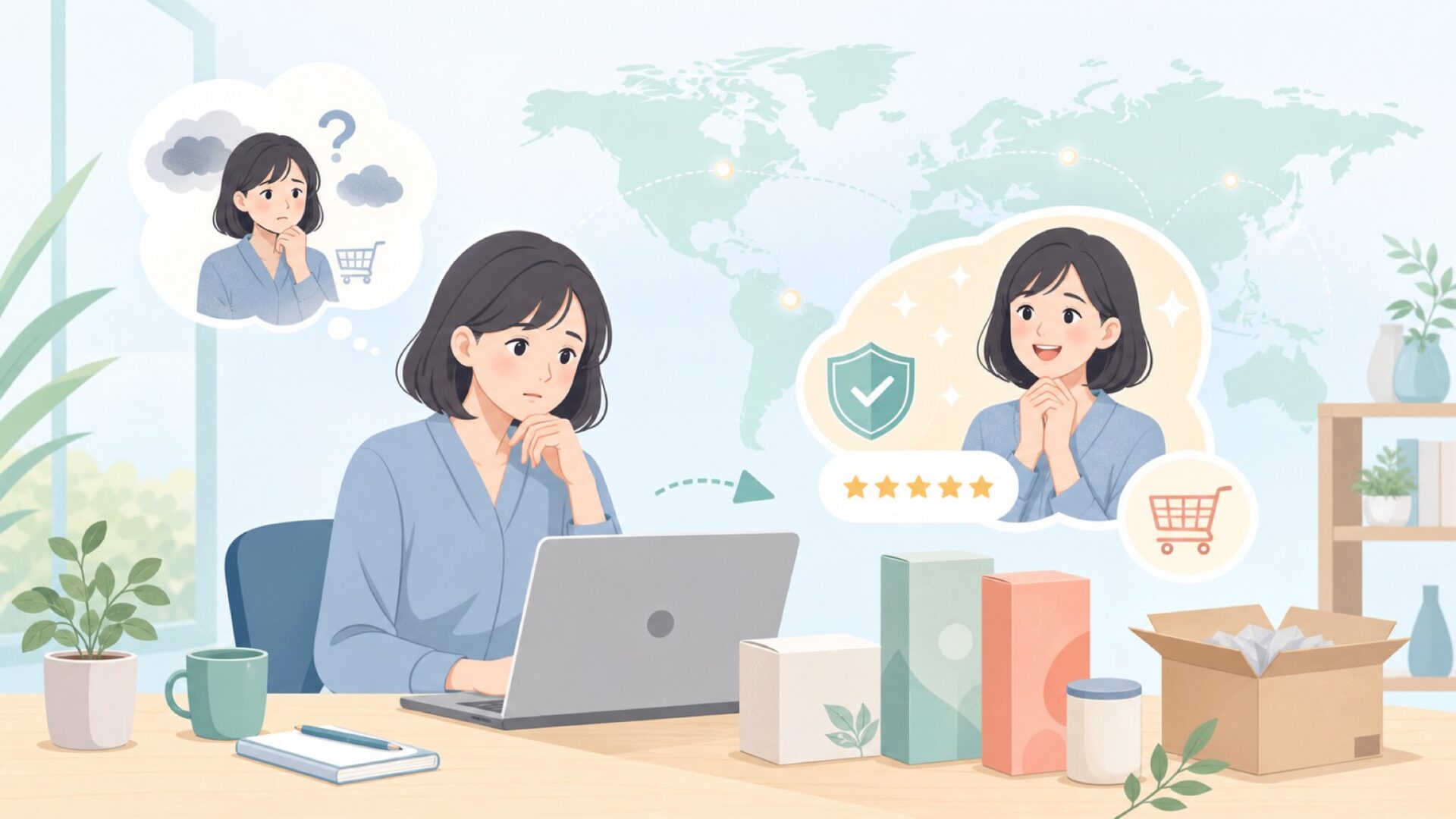Ample:Nはどこの国のブランド？失敗しない商品・購入先の選び方の要点を表すイラスト