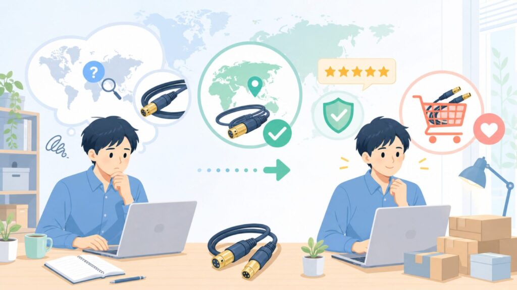 Van Dammeケーブルどこの国?音質・用途・選び方を解説の要点を表すイラスト