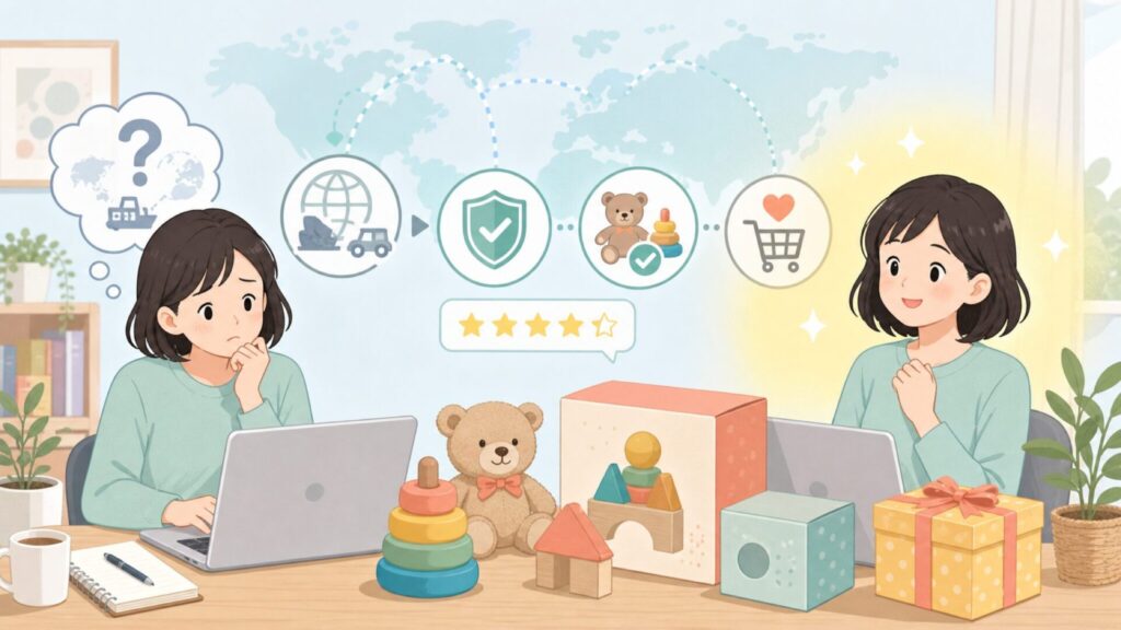 B.toysはどこの国？カナダ生まれ知育玩具の安全性とギフト選び方の要点を表すイラスト