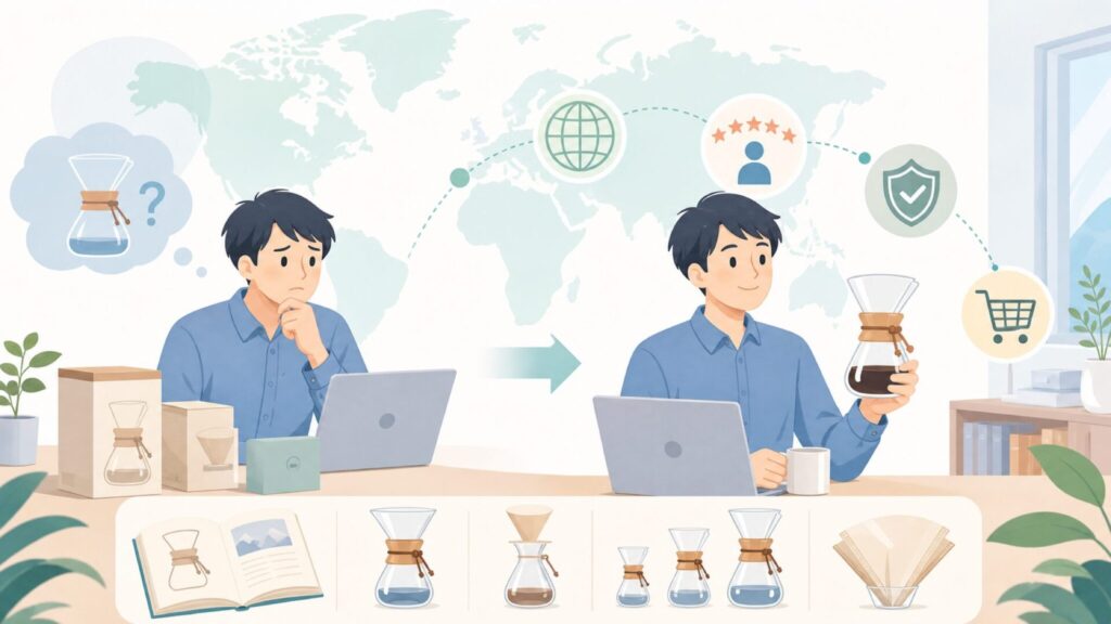 Chemexコーヒーメーカーはどこの国？歴史とデザインの秘密の要点を表すイラスト