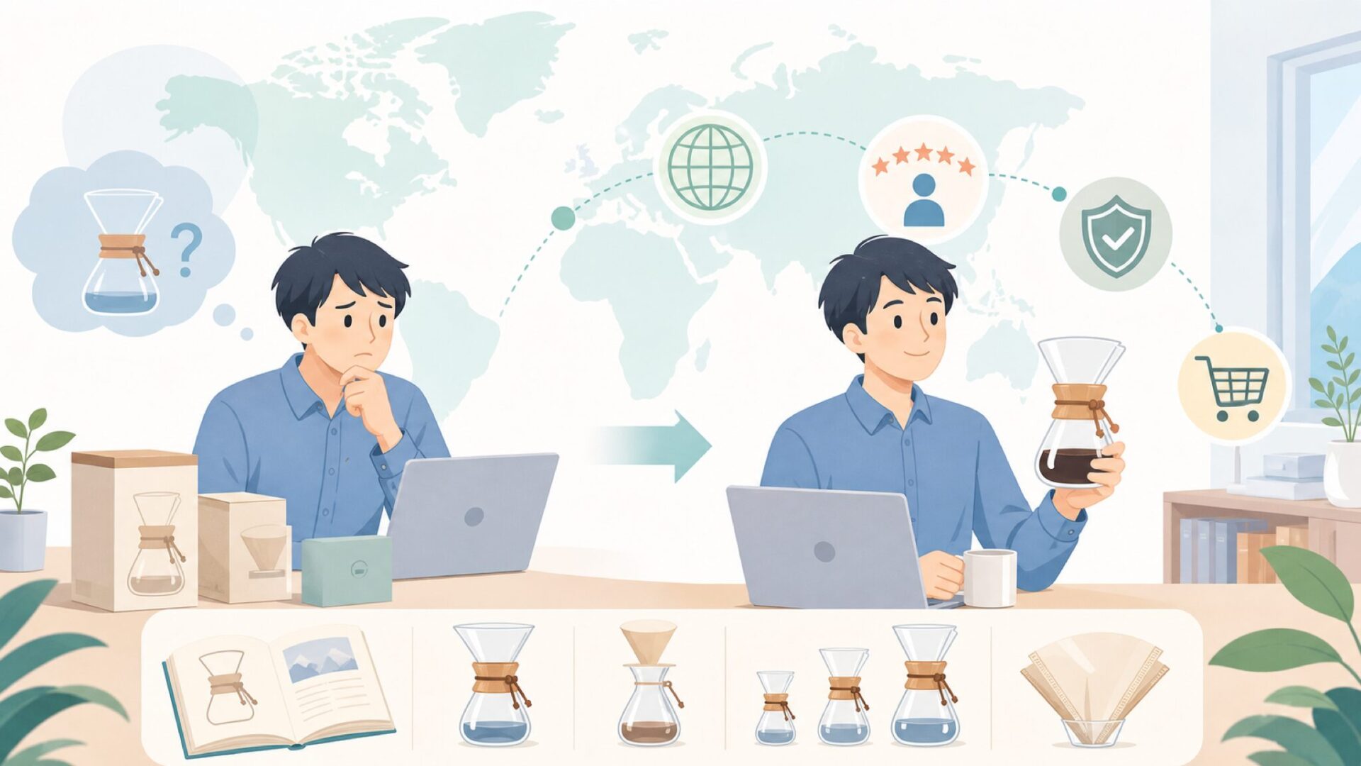 Chemexコーヒーメーカーはどこの国?歴史とデザインの秘密の要点を表すイラスト