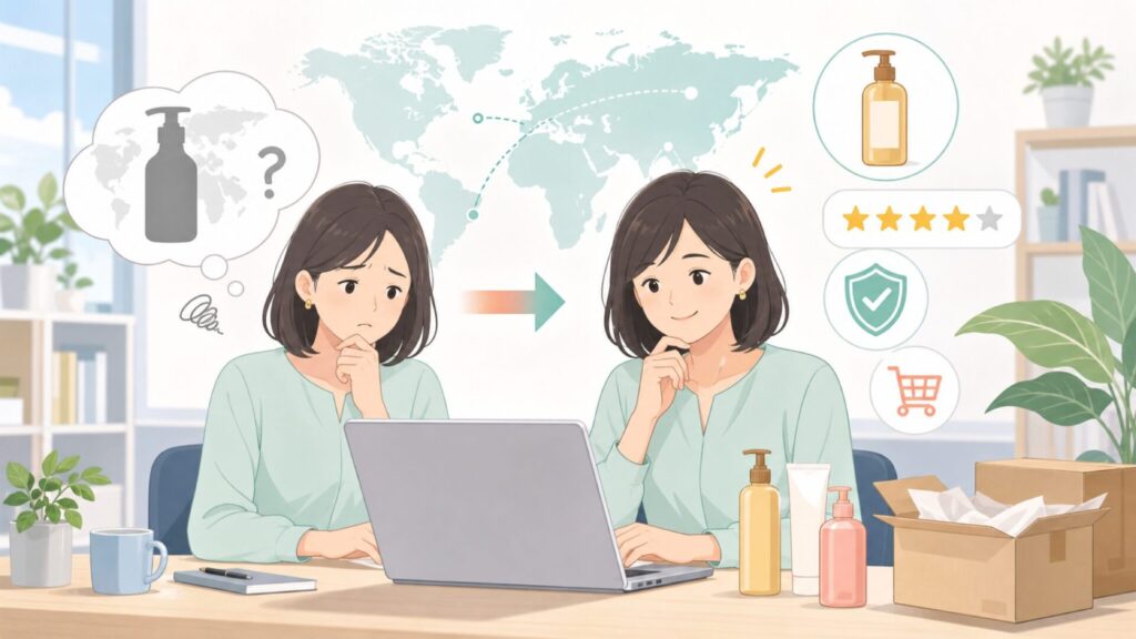 K18ヘアケアはどこの国？海外ブランドを安心して選ぶコツの要点を表すイラスト