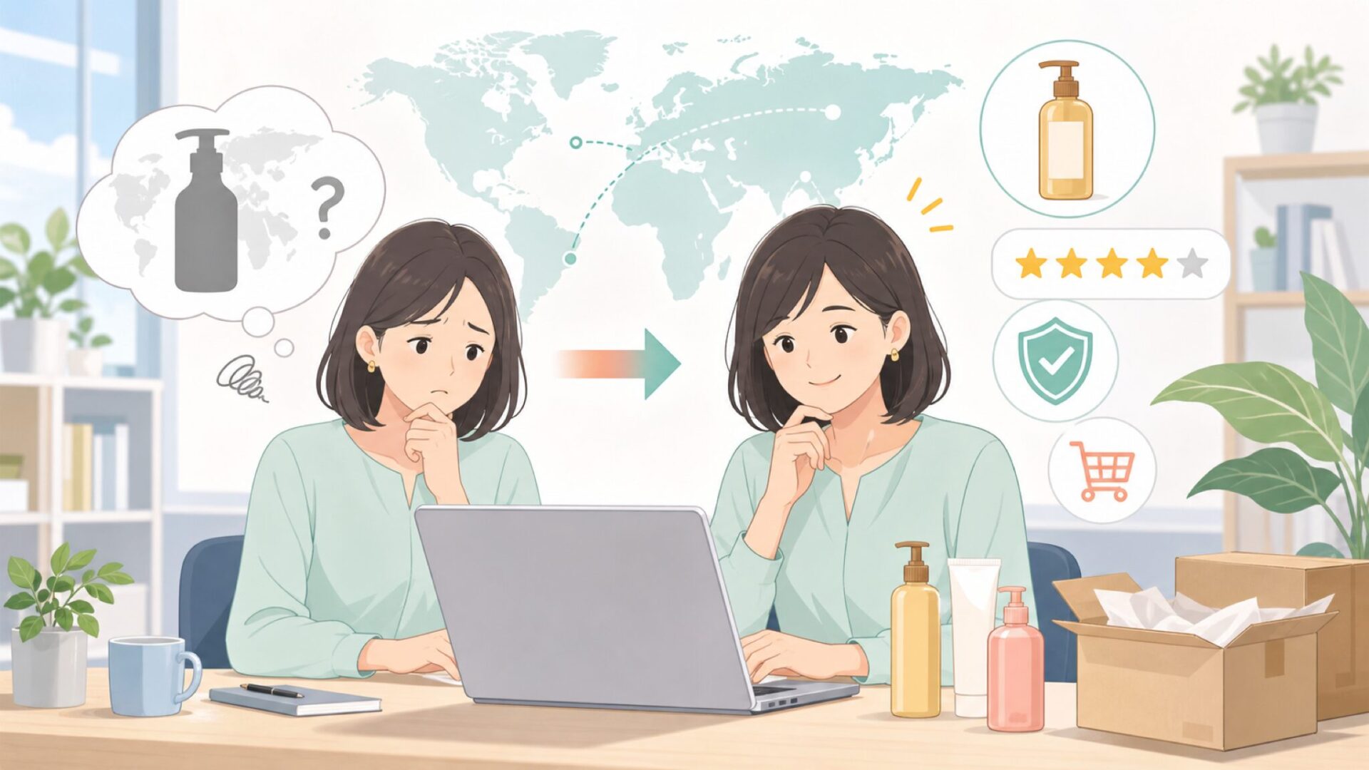 K18ヘアケアはどこの国?海外ブランドを安心して選ぶコツの要点を表すイラスト