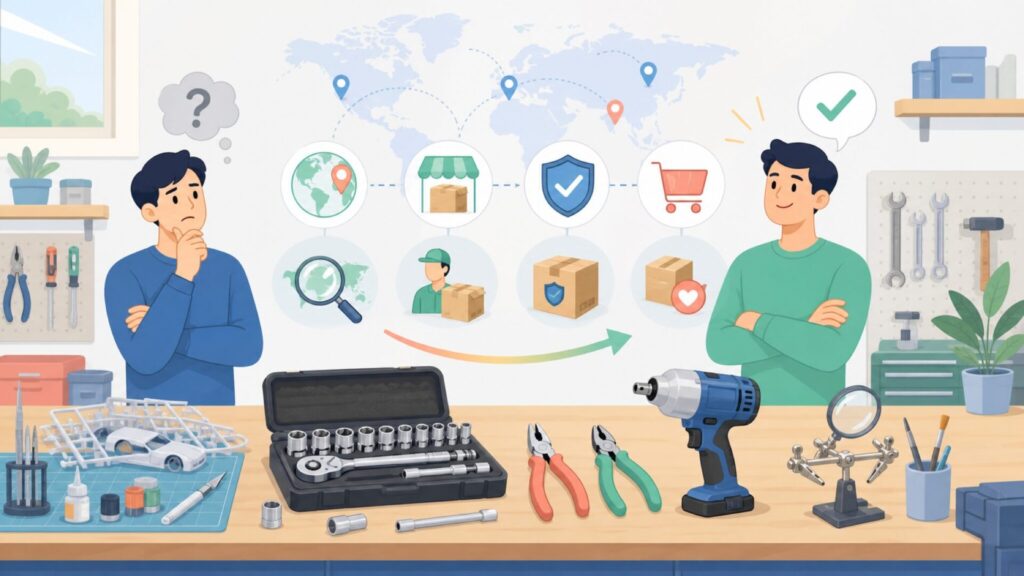 DSPIAEはどこの国のブランド？日本正規代理店と模型工具ガイドの要点を表すイラスト