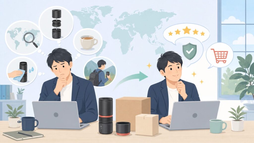 Cafflanoはどこの国のブランド？携帯コーヒーメーカーを徹底解説の要点を表すイラスト