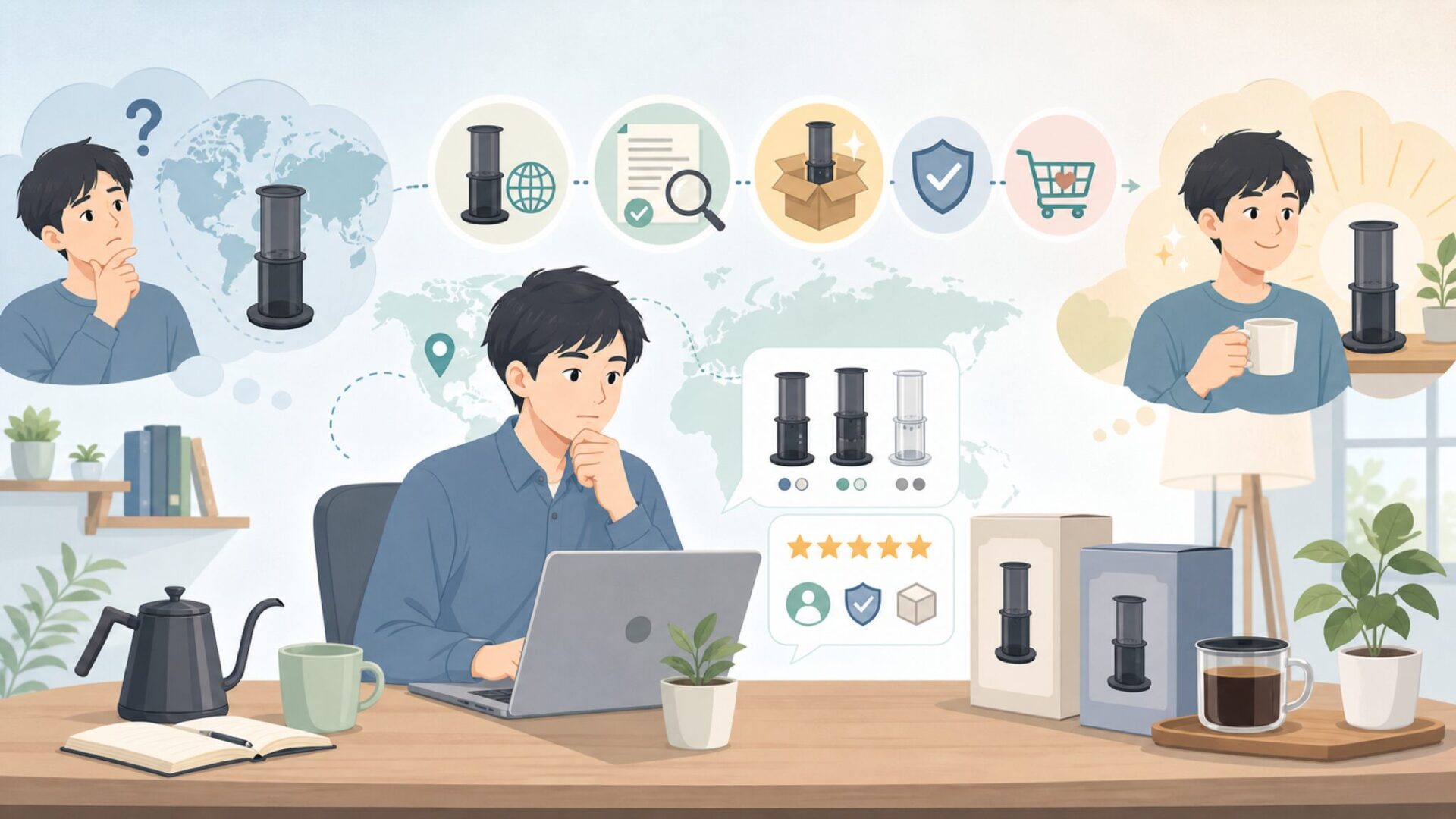 AeroPressはどこの国?コーヒーメーカーの正体と選び方の要点を表すイラスト