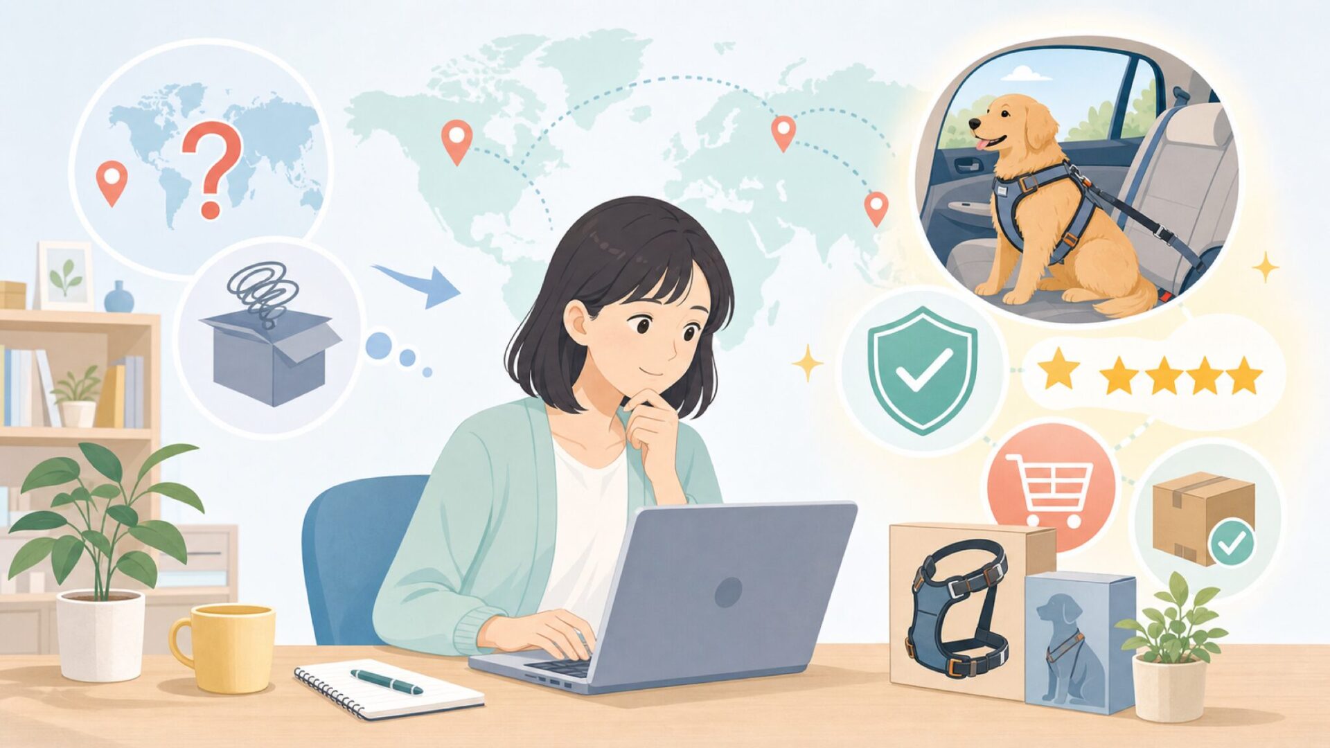 Kurgo犬用ハーネスどこの国？安全な使い方と正規品の見分け方の要点を表すイラスト