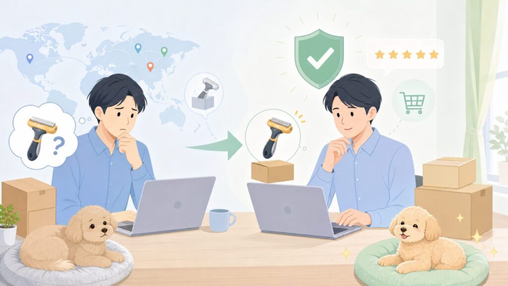 FURminatorはどこの国？正規品の見分け方と選び方の要点を表すイラスト