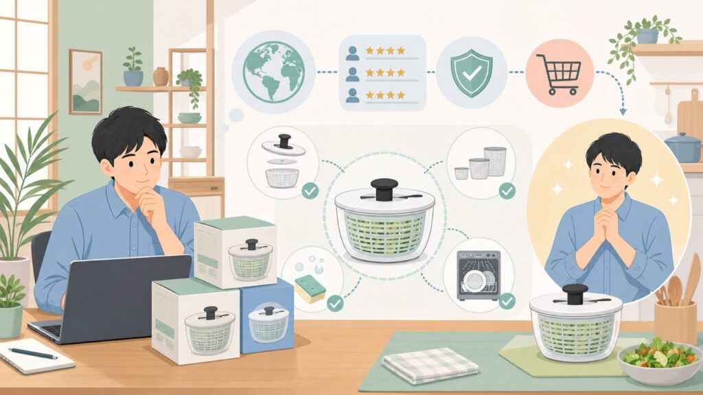 OXOサラダスピナーはどこの国?口コミやサイズの選び方も解説の要点を表すイラスト