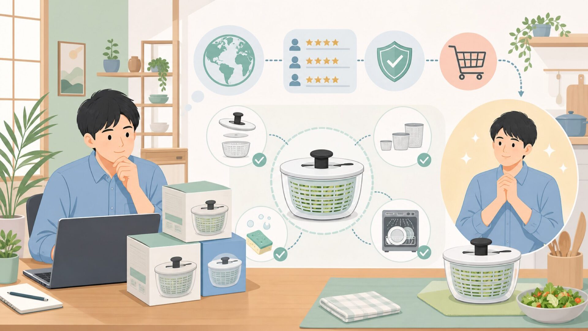 OXOサラダスピナーはどこの国?口コミやサイズの選び方も解説の要点を表すイラスト