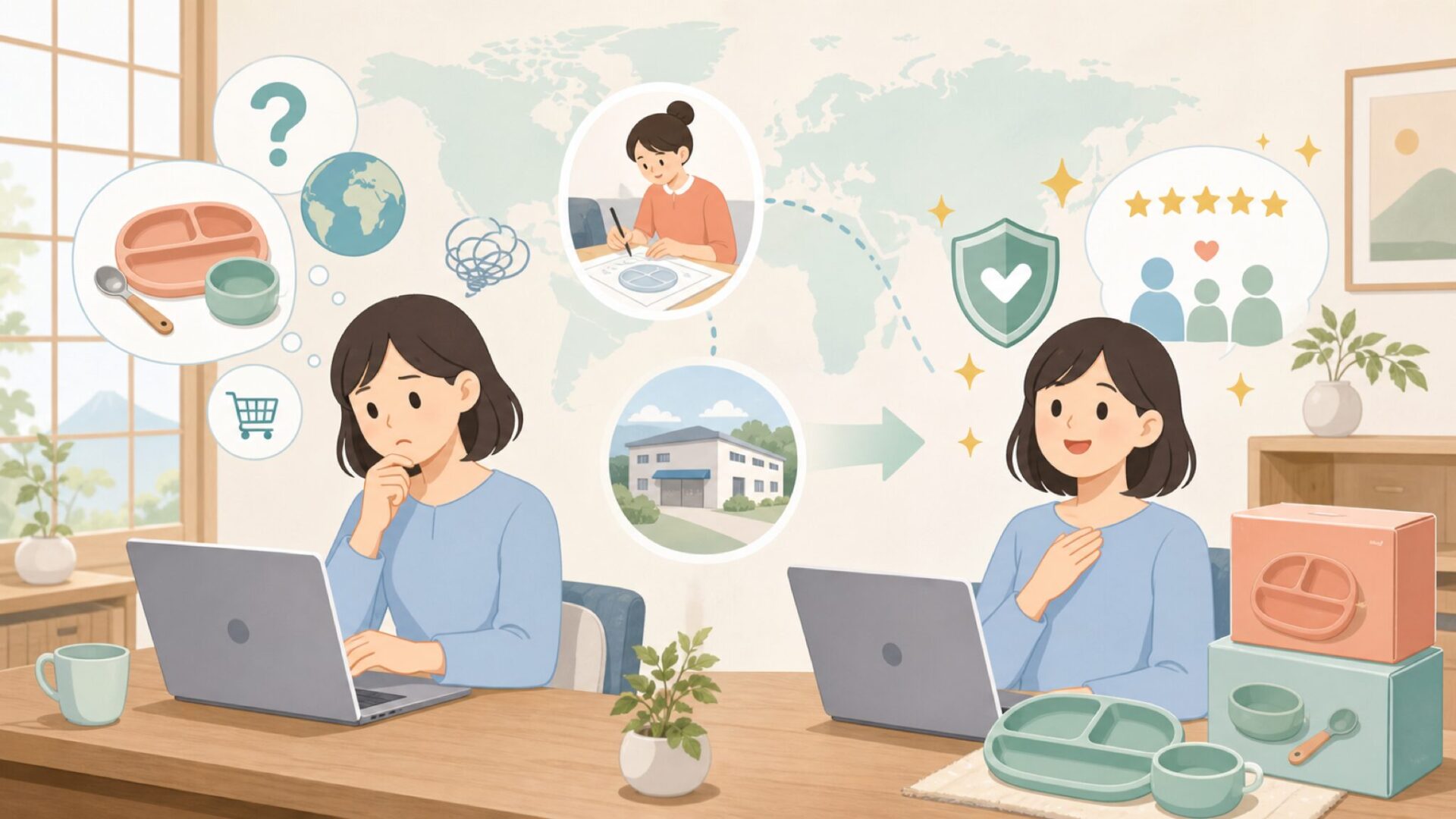 ezpzはどこの国のブランド？アメリカ発・創業背景と安心できる理由の要点を表すイラスト
