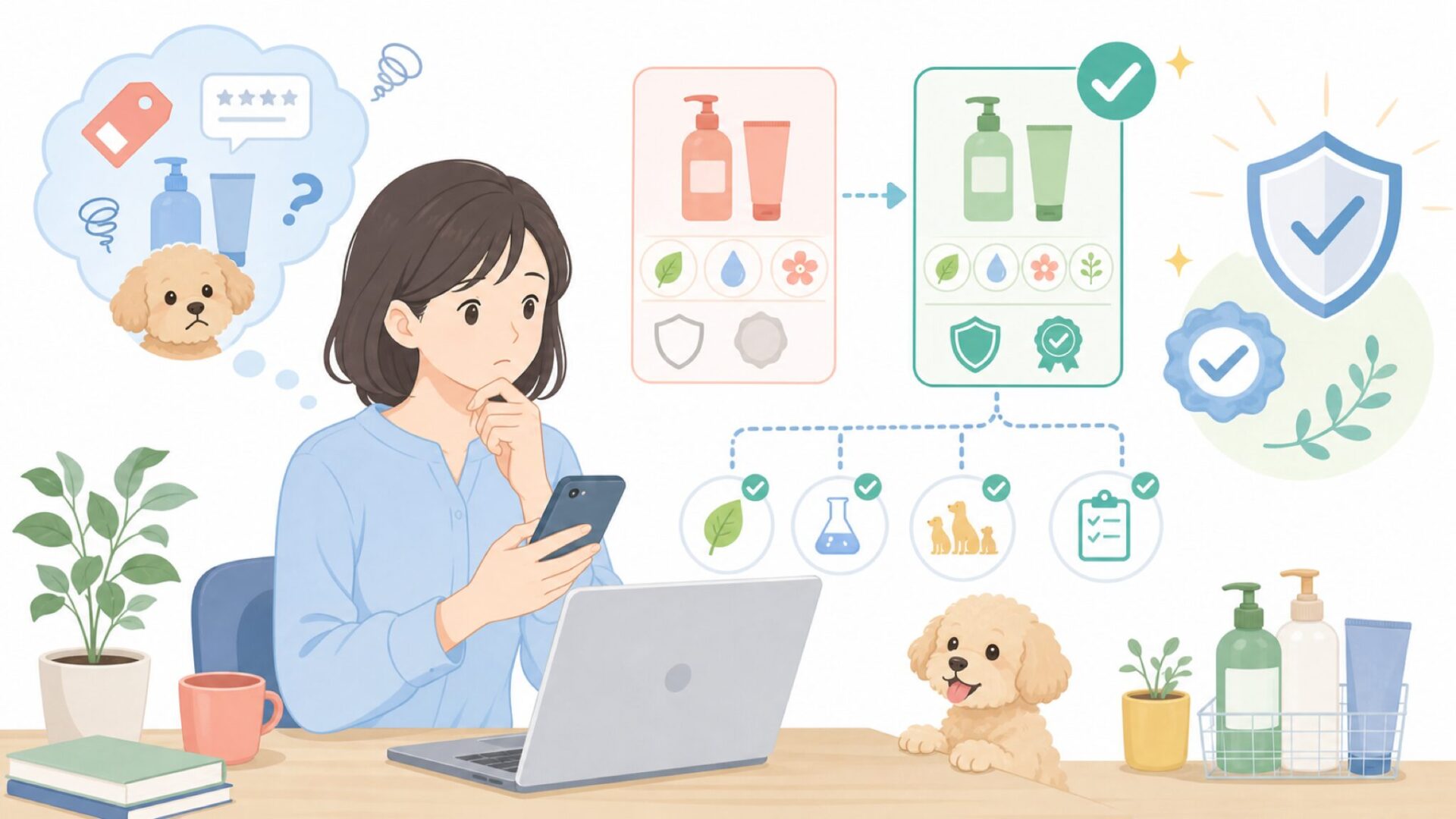 愛犬に使っても安全?成分と実績から見極めるを表すイラスト