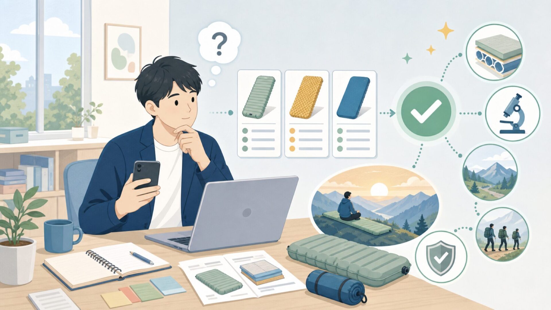 なぜ高評価？アウトドアマットのパイオニアとしての技術と実績を表すイラスト