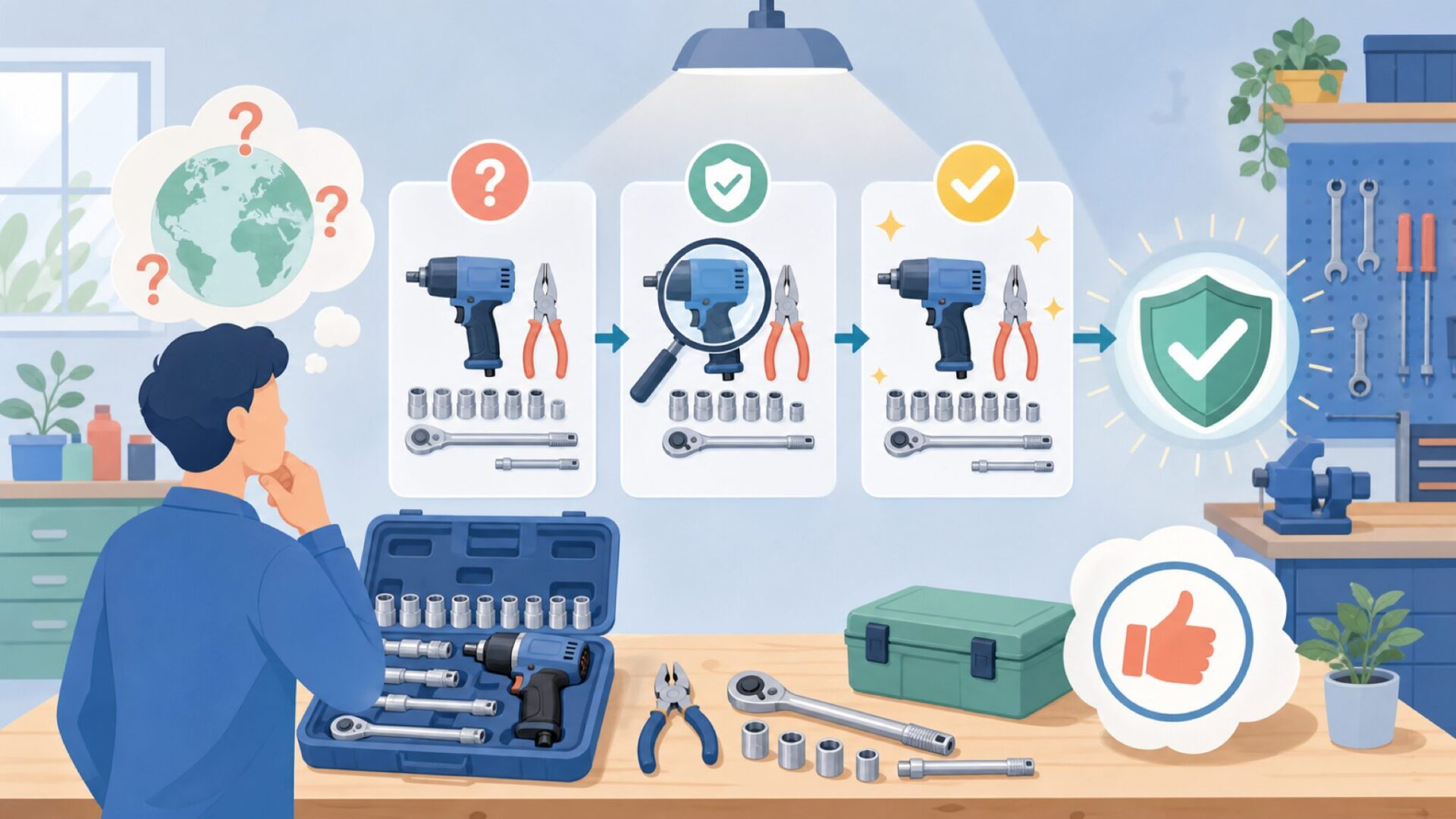 DEKOPROはどこの国のブランド？工具セットの正体を確認するを表すイラスト