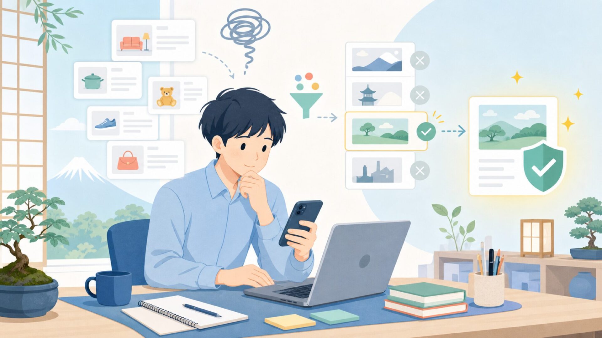 検索で混乱しやすい「OOLY」情報を整理するを表すイラスト