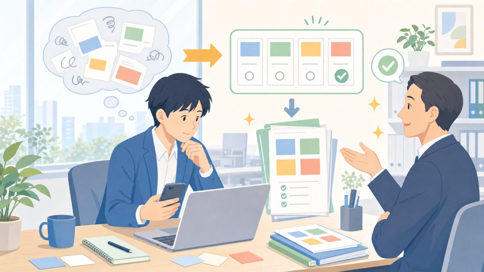 社内稟議・上司説明で使える判断材料の整理を表すイラスト