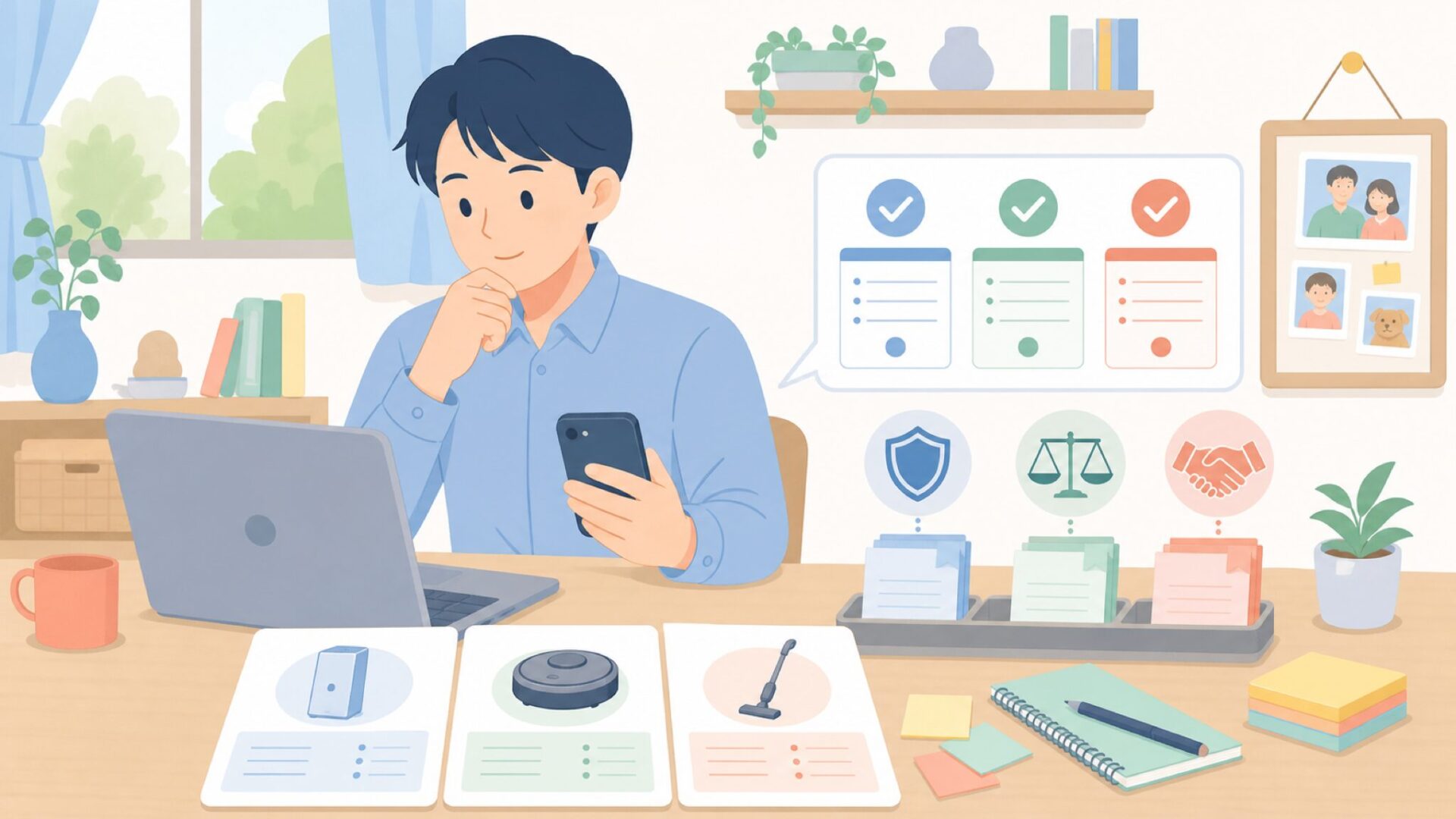 購入前の最終チェックと、家族に説明するための整理を表すイラスト