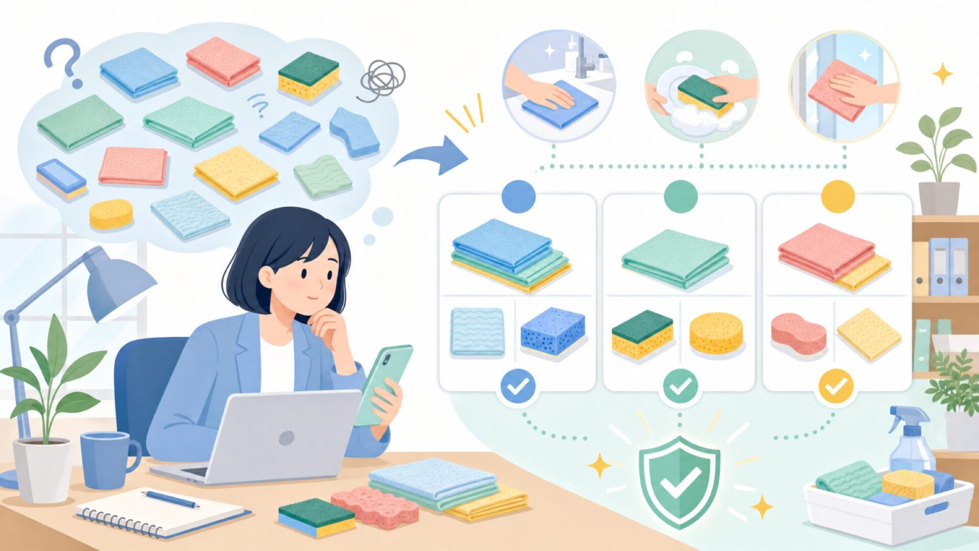 Viledaの商品ラインアップ、クロス・スポンジを整理を表すイラスト