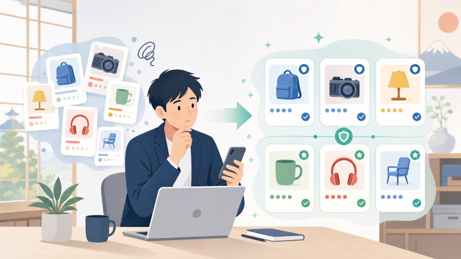 検索結果に混じる紛らわしい情報を整理するを表すイラスト