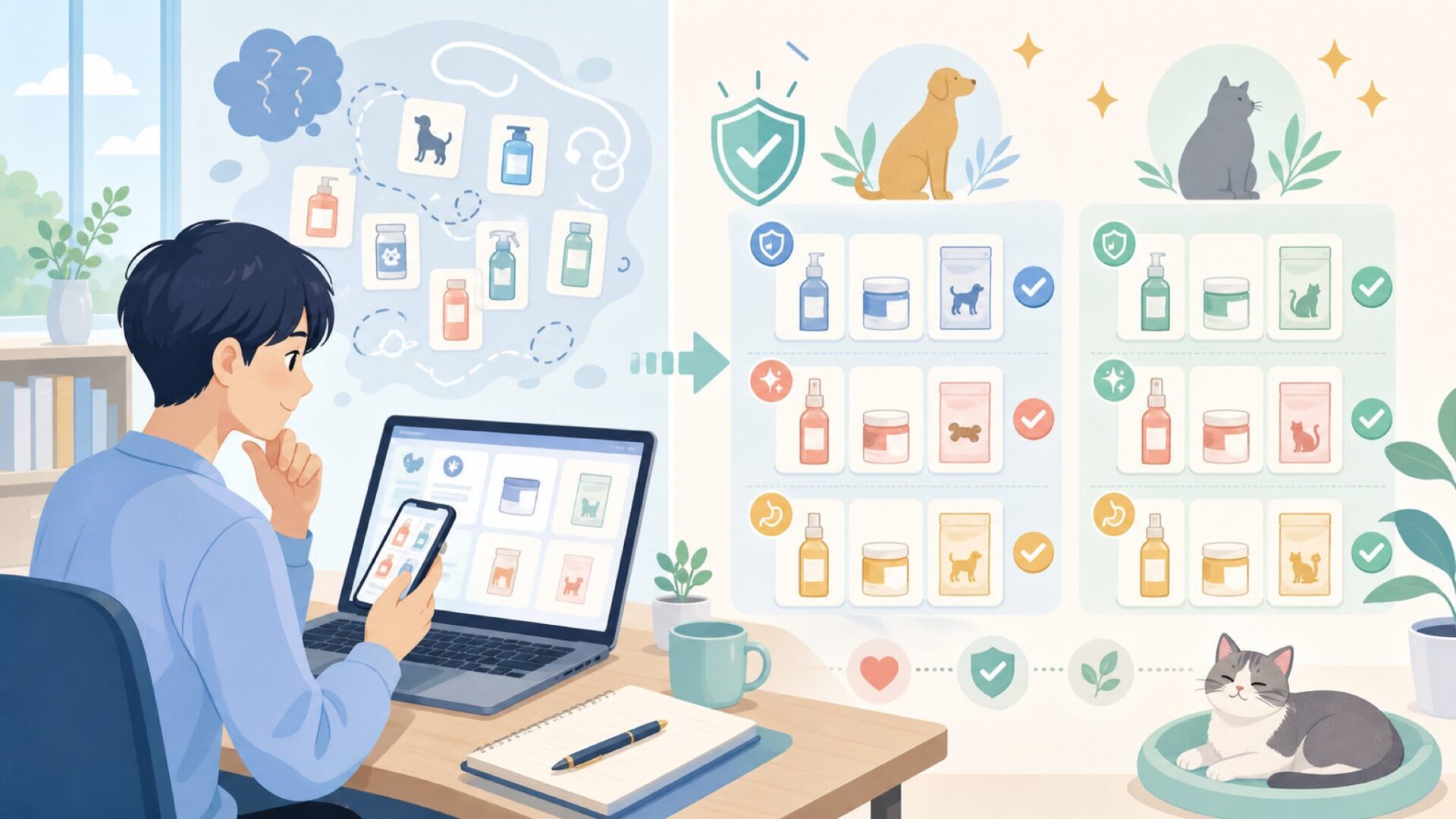 Beapharの商品ラインナップを犬猫別に整理を表すイラスト