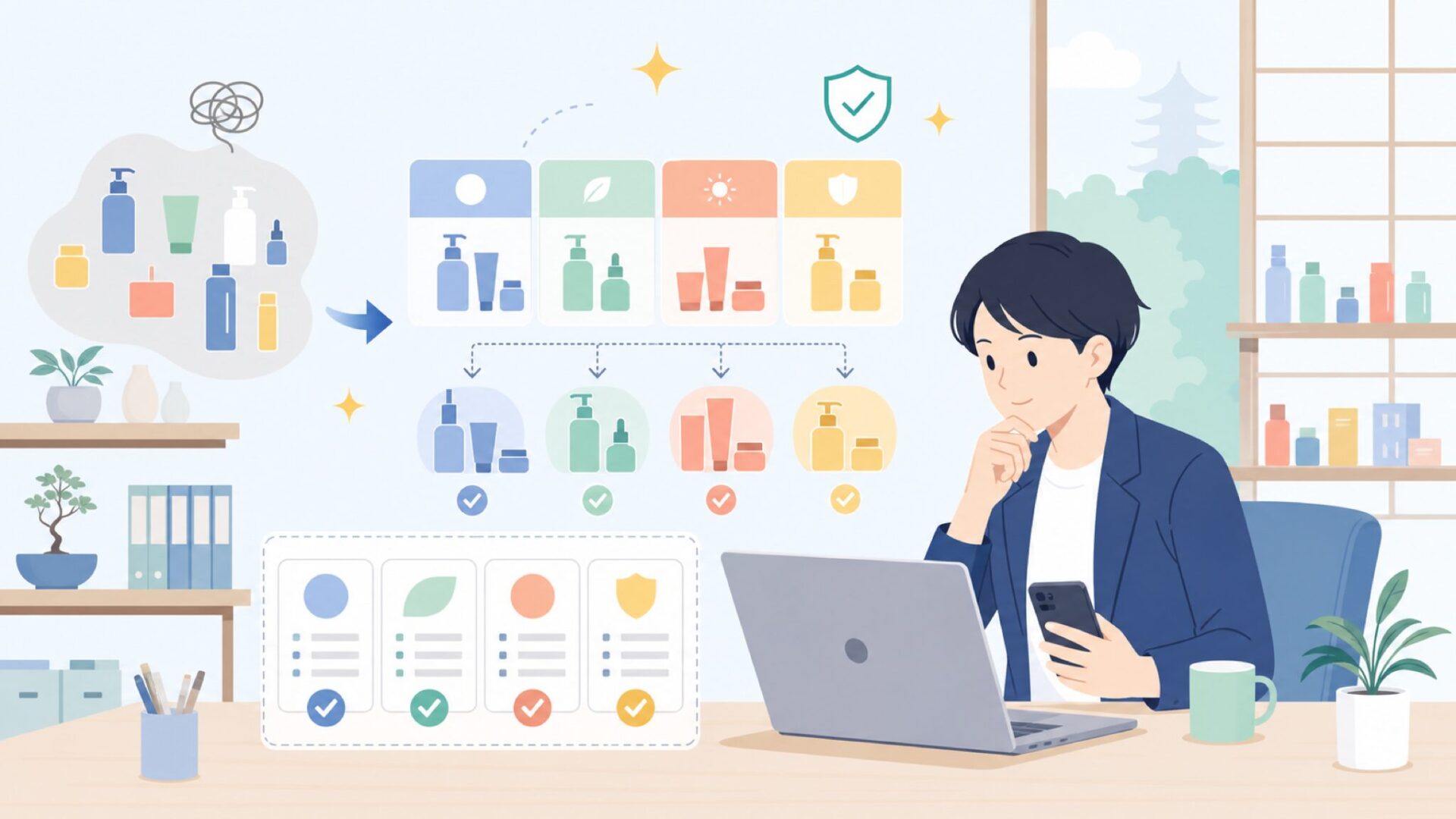 代表的な商品ラインナップを用途別に整理を表すイラスト