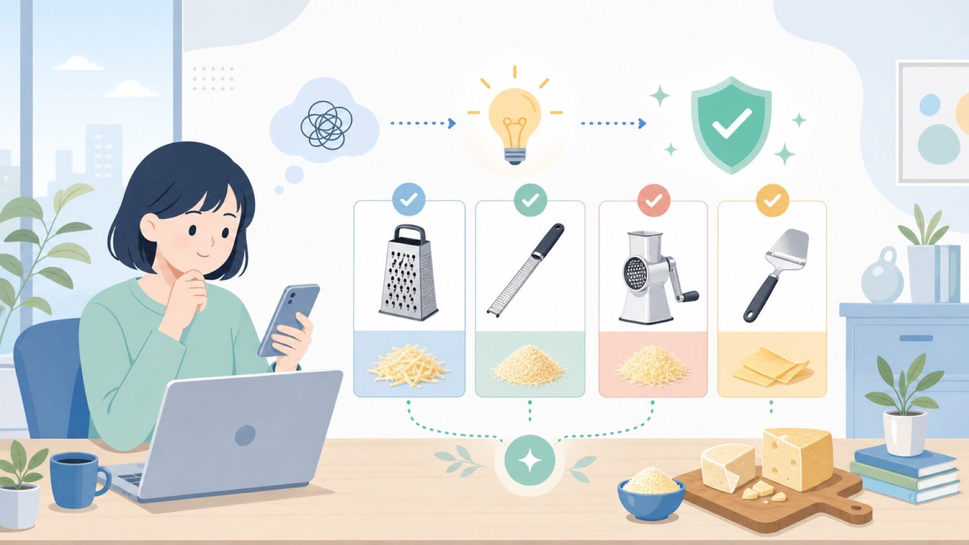 チーズを削る・おろす道具の違いを整理を表すイラスト