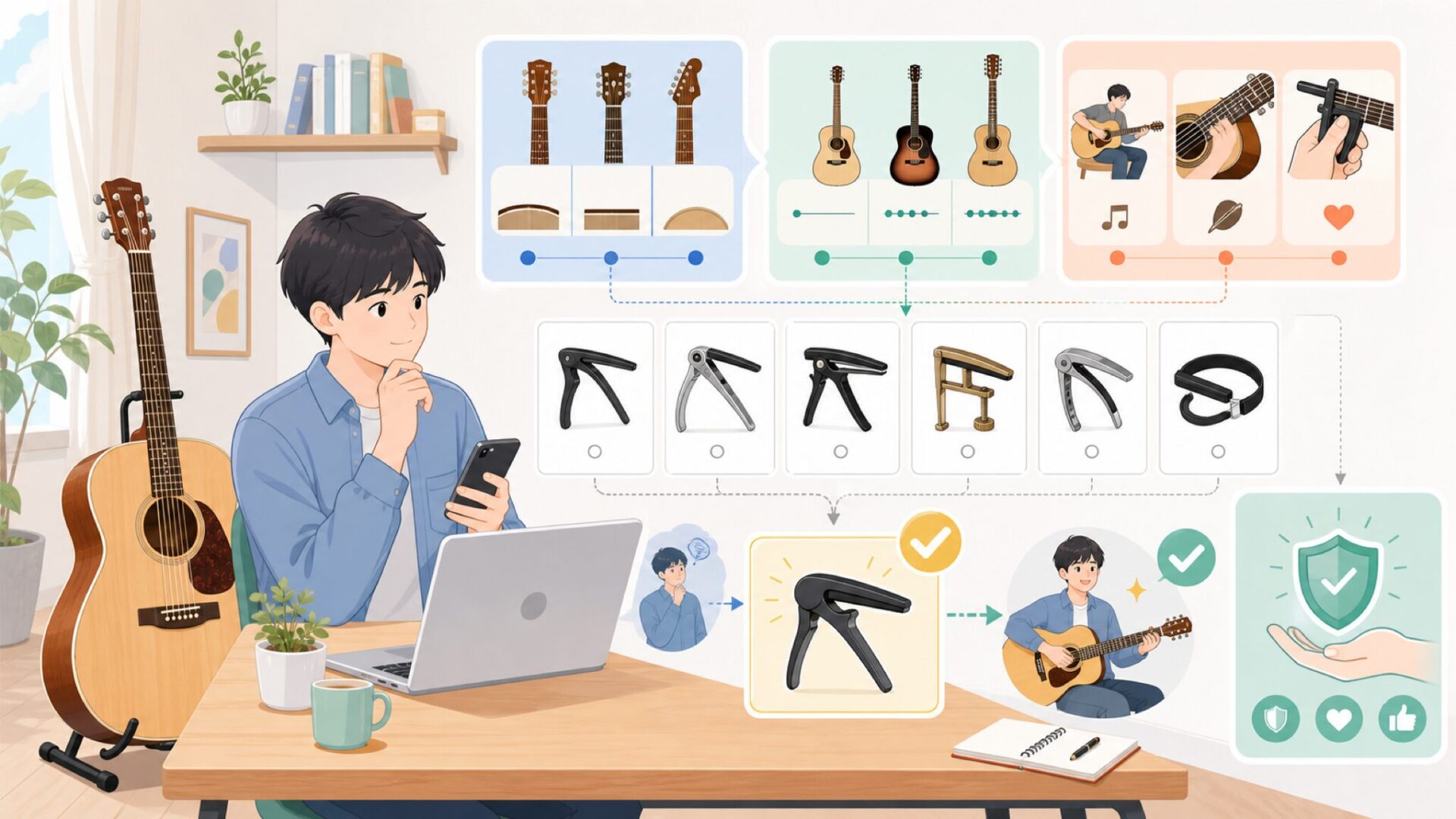 Shubbカポの種類を整理―自分のアコギに合う型番の選び方を表すイラスト