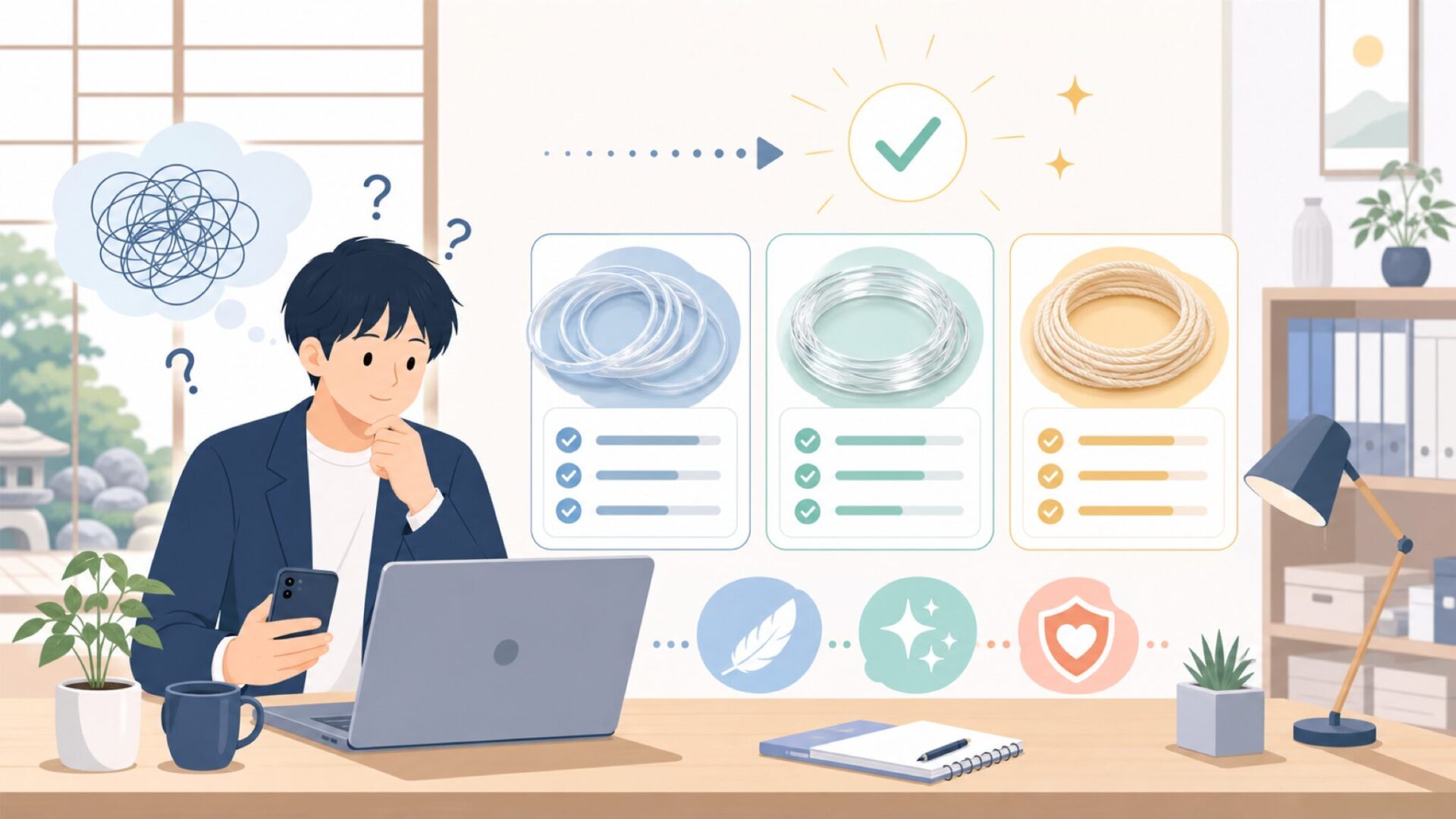 Aquilaウクレレ弦の種類を素材別に整理を表すイラスト