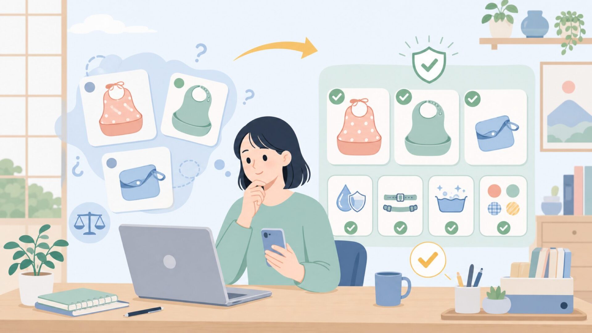 他のお食事エプロンとの比較で選び方を整理を表すイラスト
