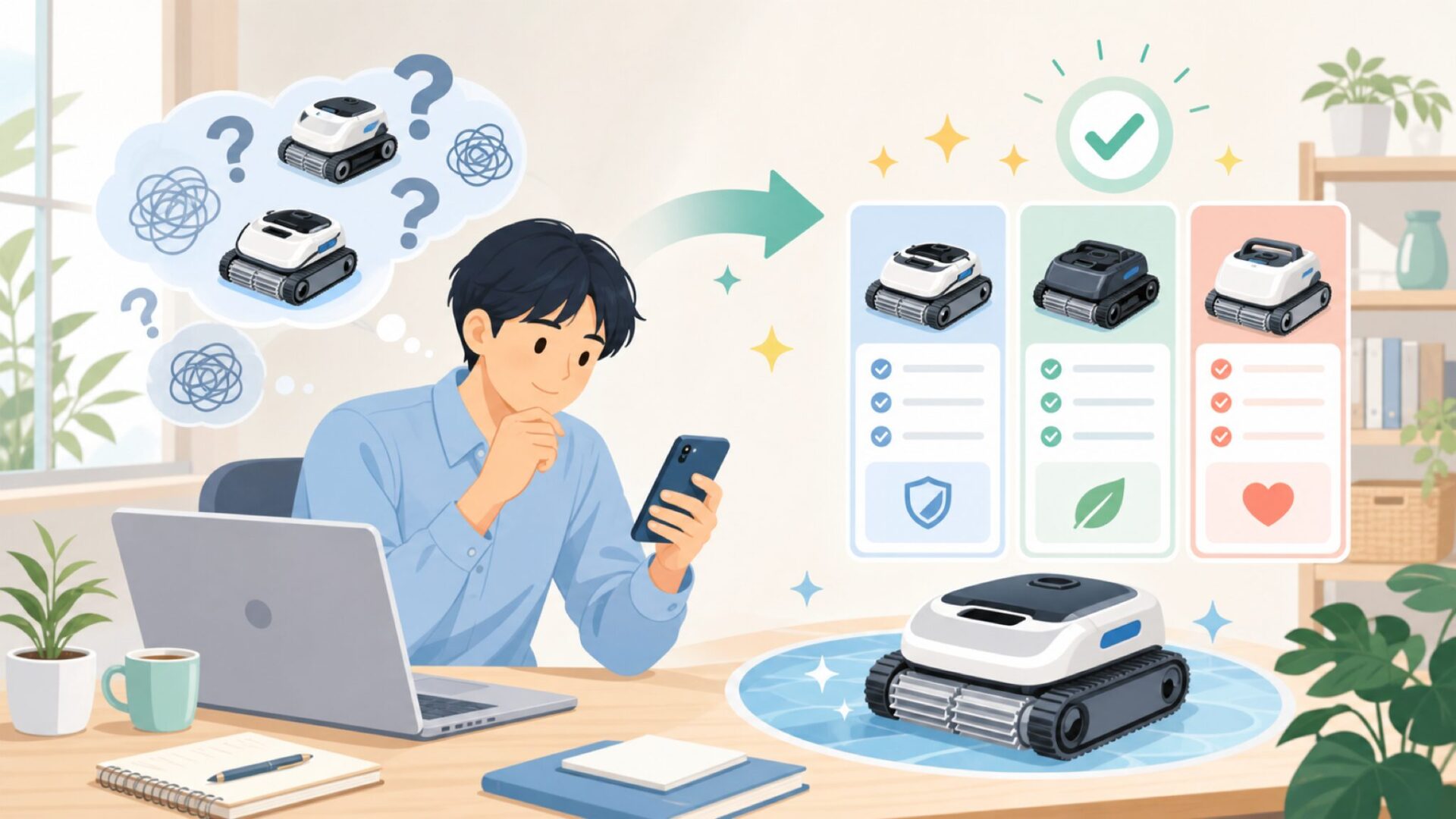WYBOTプールクリーナーの特徴と主要モデルを整理するを表すイラスト