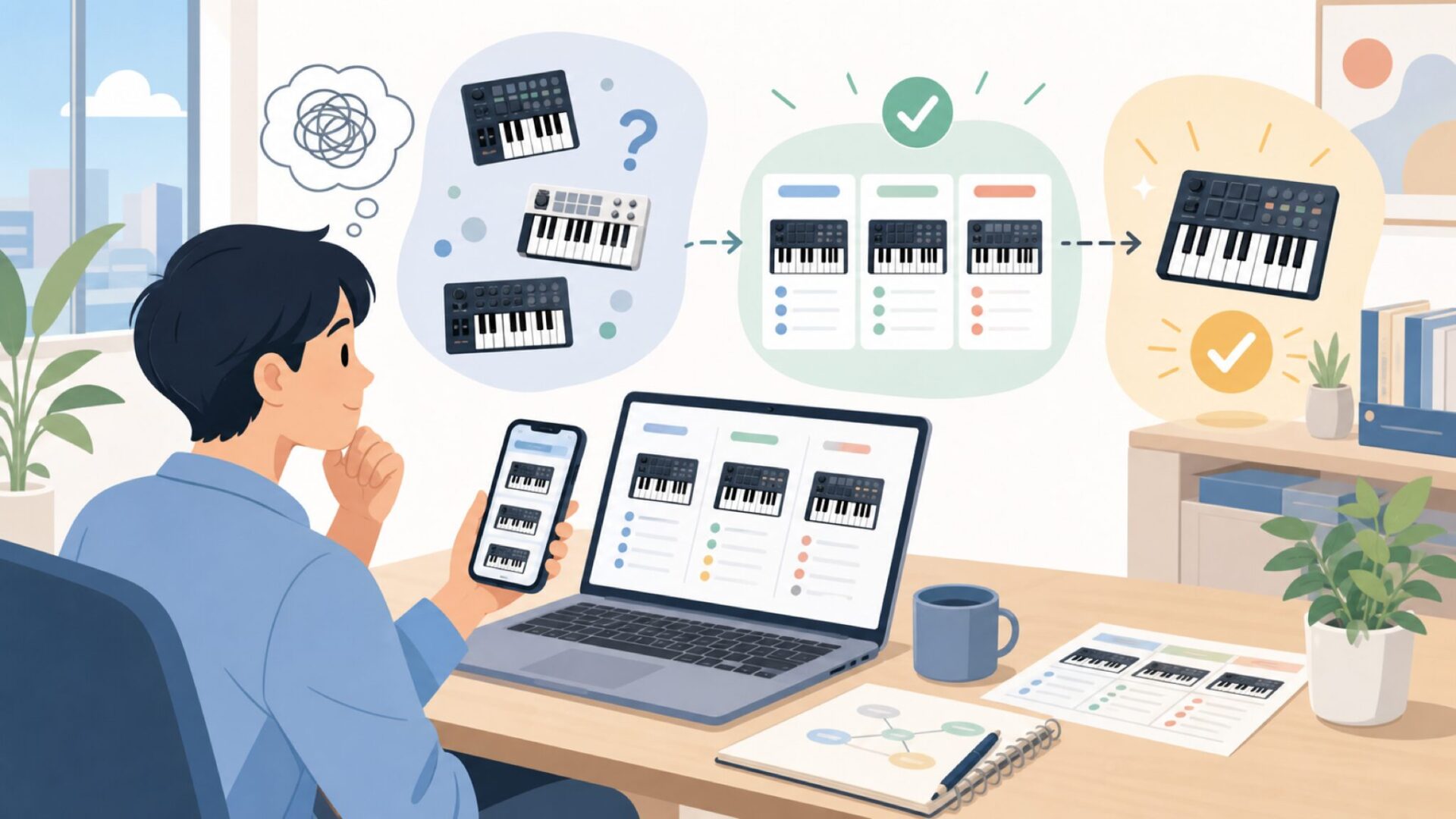 Donner MIDIキーボードの特徴とラインナップを整理するを表すイラスト
