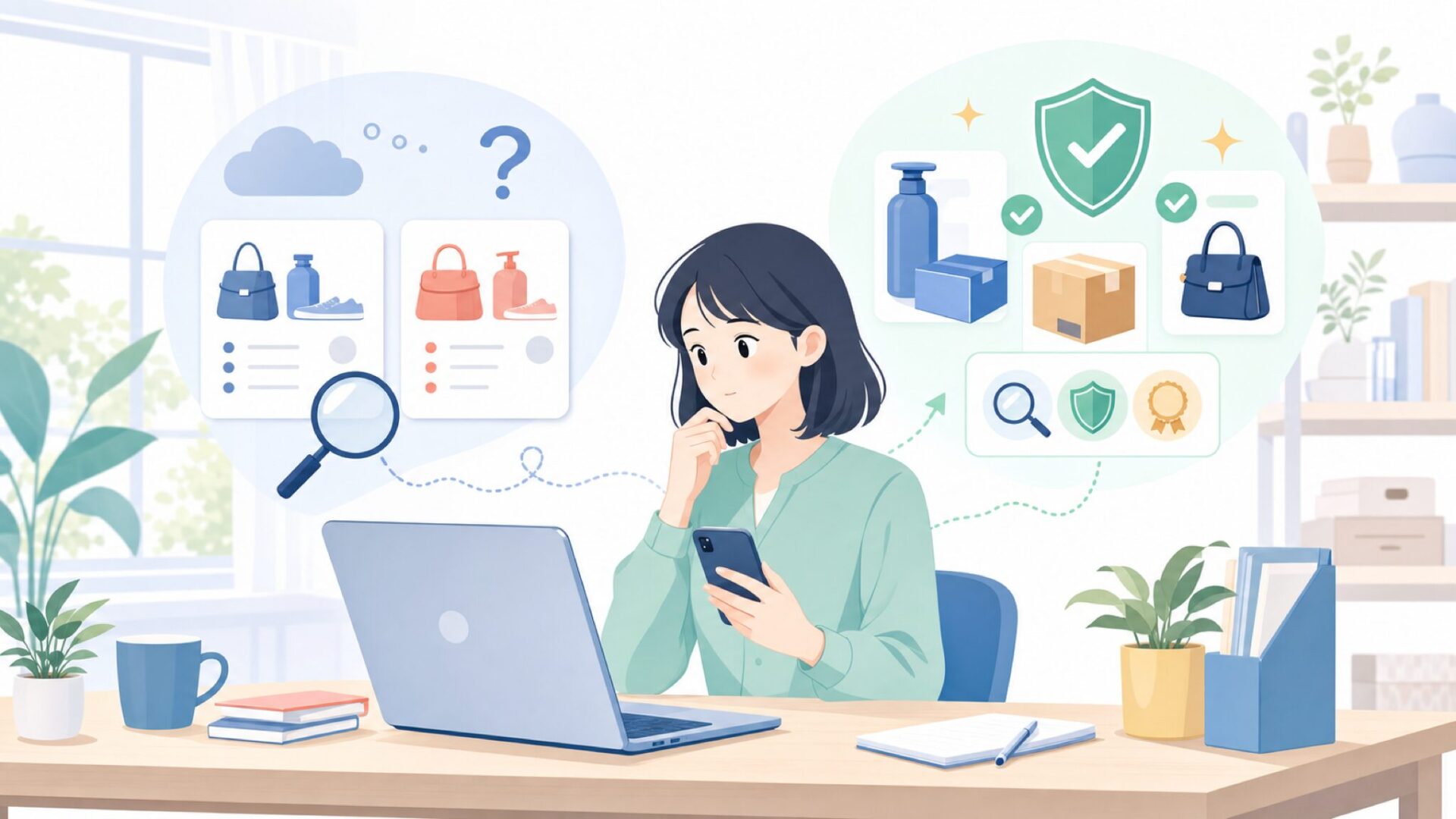 海外ブランドでも品質は大丈夫？安心して使えるポイントを表すイラスト