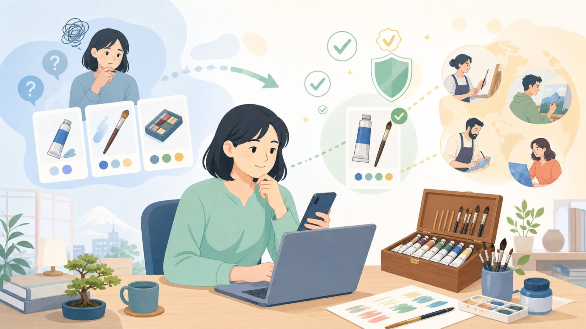 なぜGoldenは世界中の画家に選ばれる?品質へのこだわりを知るを表すイラスト