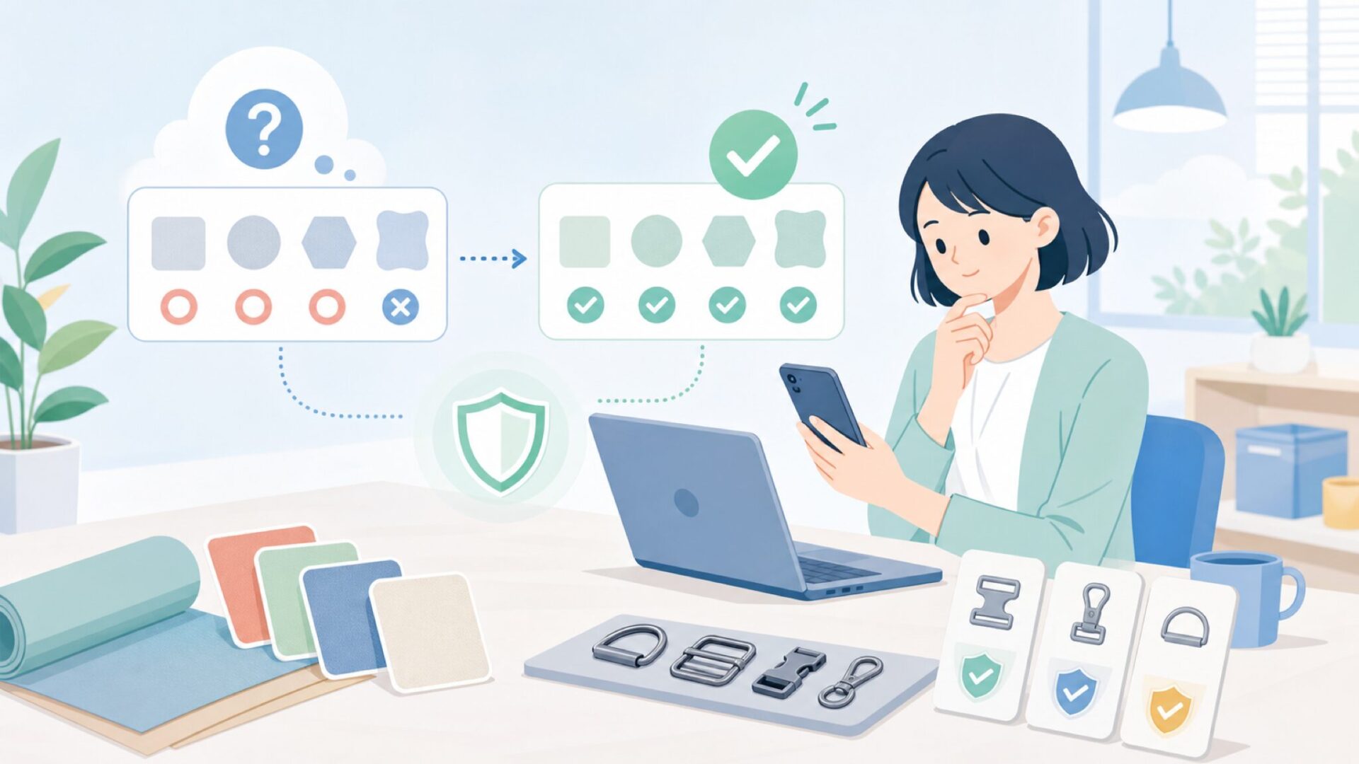品質と安全性はどこまで信頼できる?素材と留め具をチェックを表すイラスト