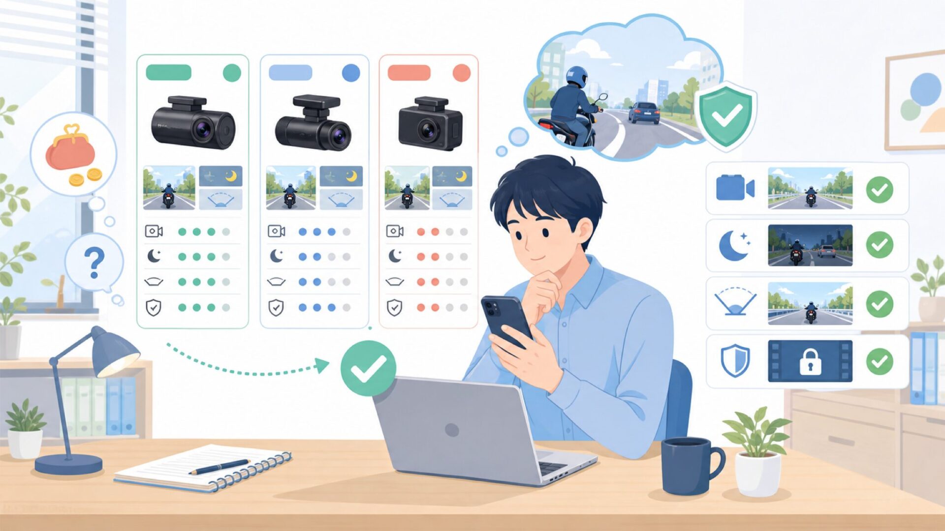 Blueskyseaのバイク用ドラレコは信頼できる?録画品質と機能を確認を表すイラスト