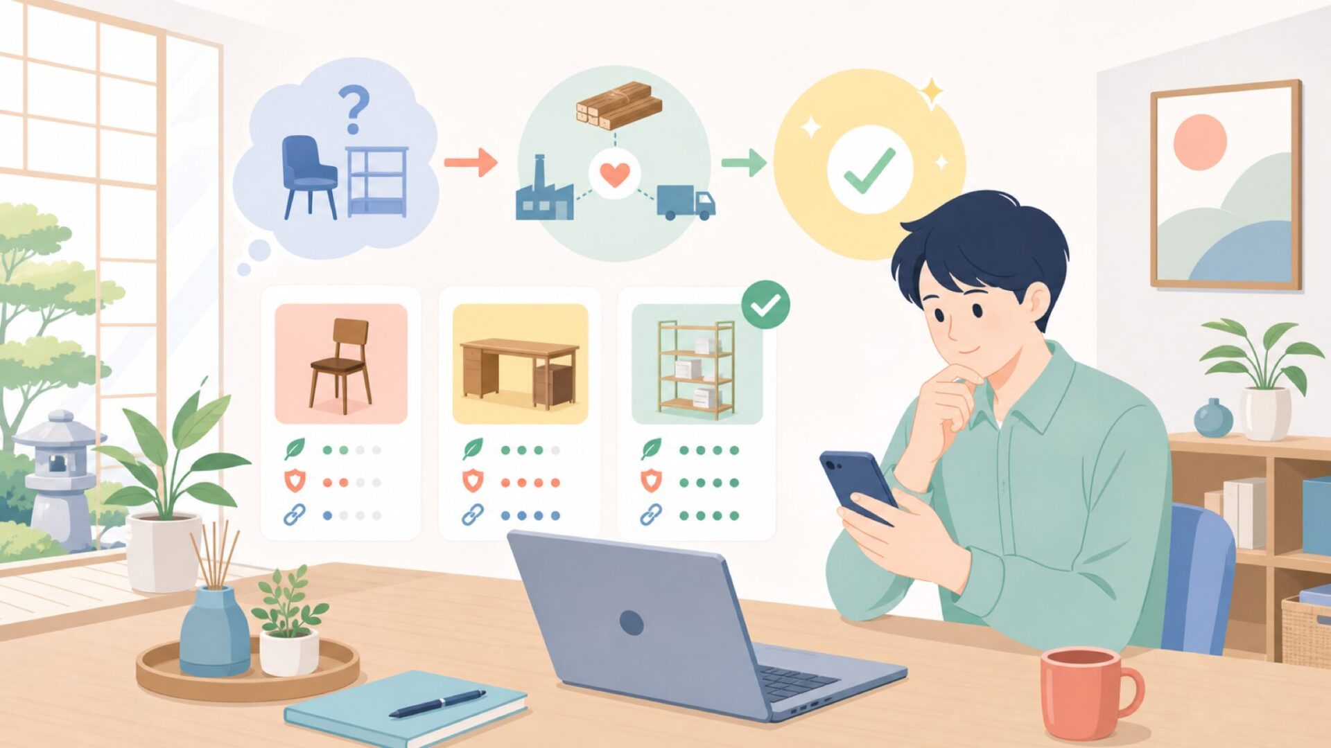 Yaheetechの家具はなぜ安い?価格の理由と品質・耐久性の関係を表すイラスト
