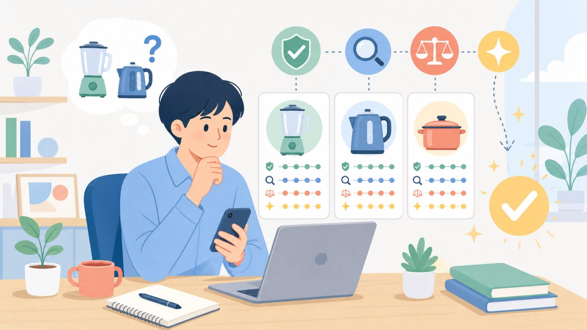 購入前にチェックしたい安全性と品質の見極めポイントを表すイラスト