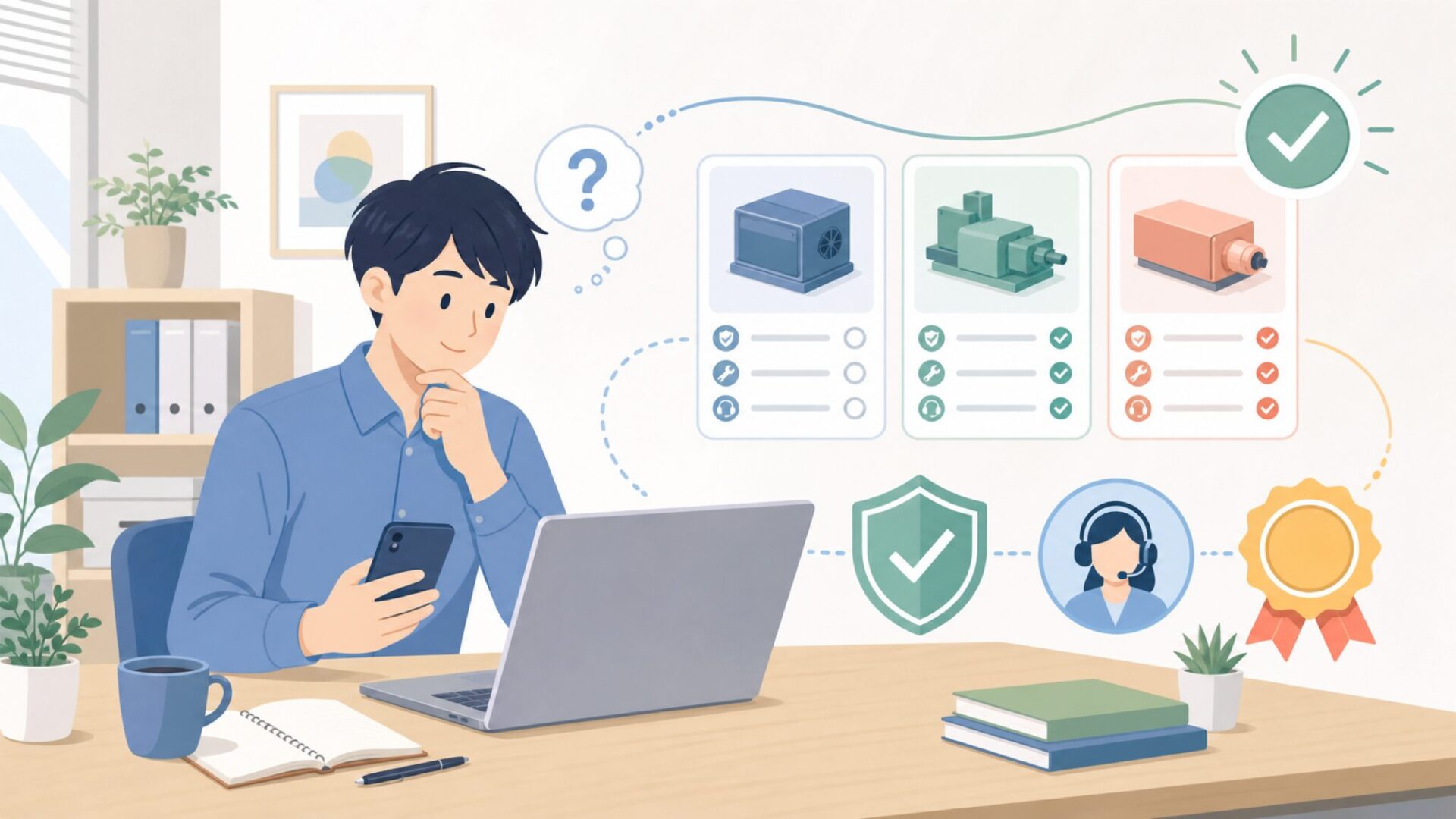 品質・保証・サポート体制は大丈夫？を表すイラスト