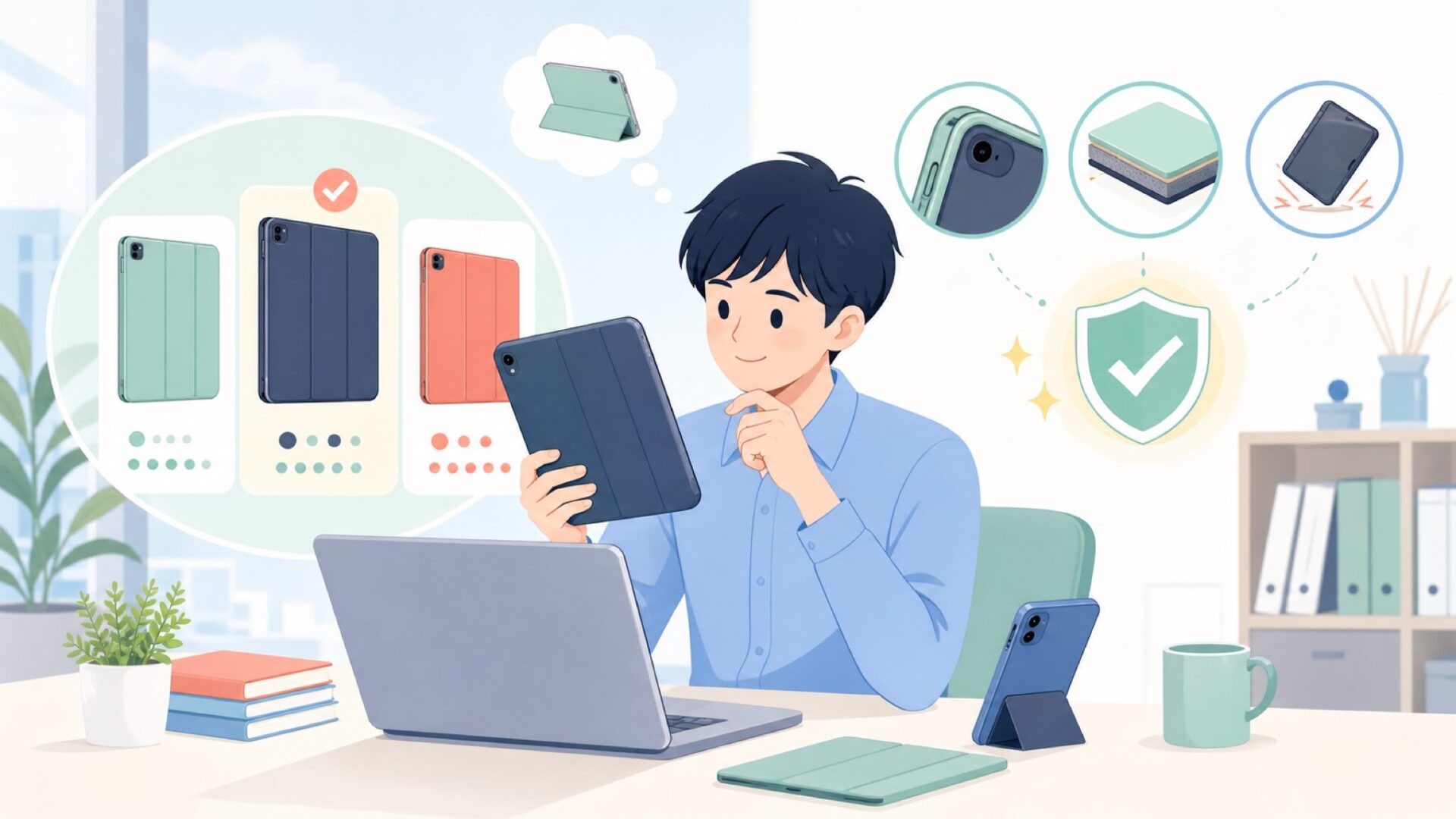 JETech iPadケースの品質をフィット感・素材・保護性能で検証するを表すイラスト
