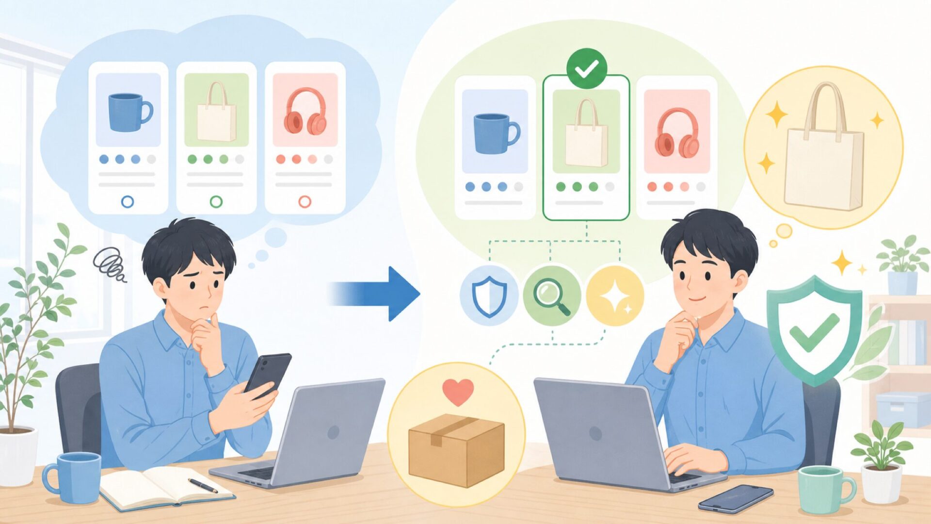 価格が手頃な理由と品質の見極め方を表すイラスト