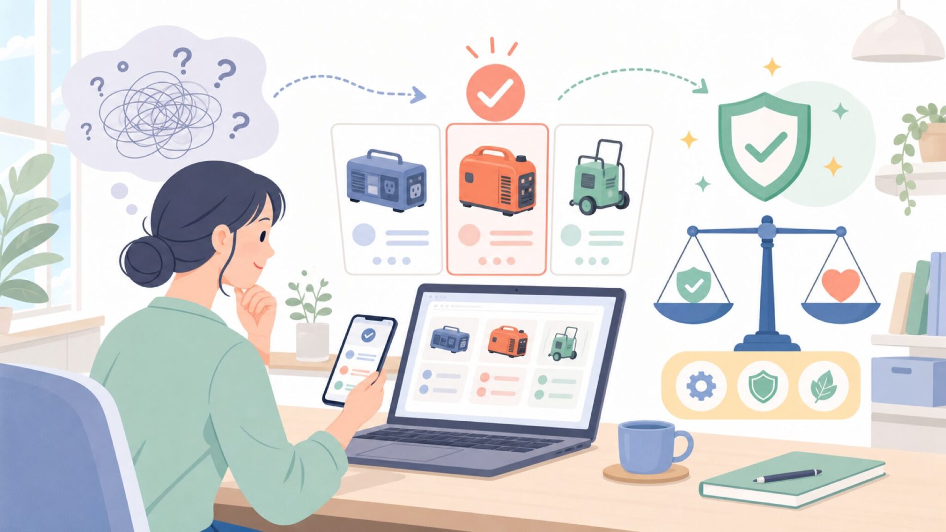品質と安全性への不安を解消する見極めポイントを表すイラスト