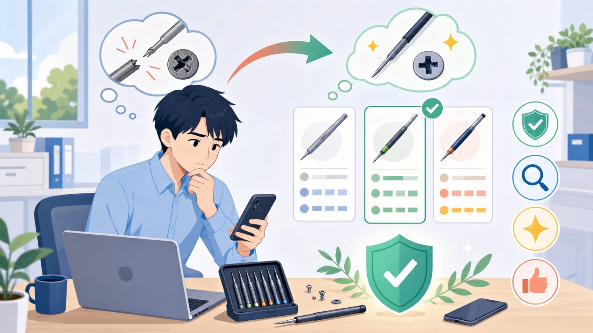 Faireachの精密ドライバーは買っても大丈夫？品質・安全性の見極め方を表すイラスト